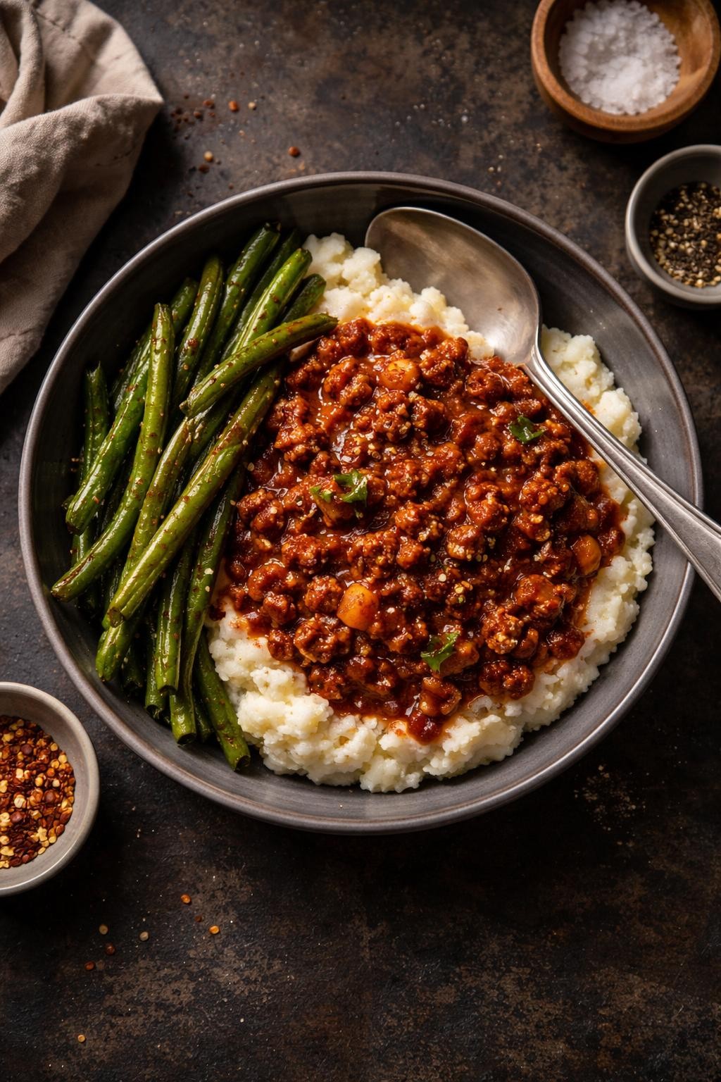 "Realistic top-down food photography of a bowl of Sloppy Joe filling over mashed cauliflower on a dark table. The Sloppy Joe meat is dark red and saucy with bits of onion and bell pepper. Next to it, a side of roasted green beans. A spoon resting on the rim. Warm cozy lighting, deconstructed sandwich without the bread, no people, no hands, no text, no watermarks."