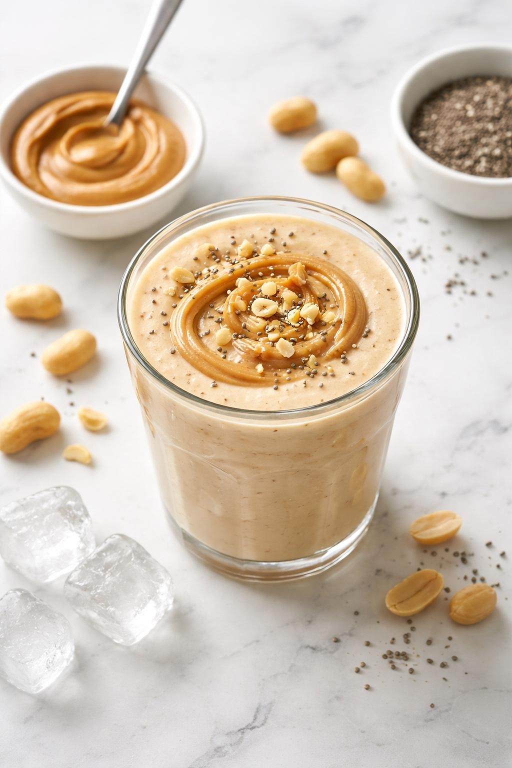 Realistic top-down food photography of a creamy keto peanut butter smoothie in a clear glass on a clean white marble countertop. The smoothie is pale tan, thick, and smooth, styled with a small spoon of peanut butter in a plain dish, a few peanuts, chia seeds, and ice cubes nearby. Soft natural daylight, cozy low-carb snack styling, realistic creamy texture, high detail, no people, no hands, no text, no watermarks, no props with writing.