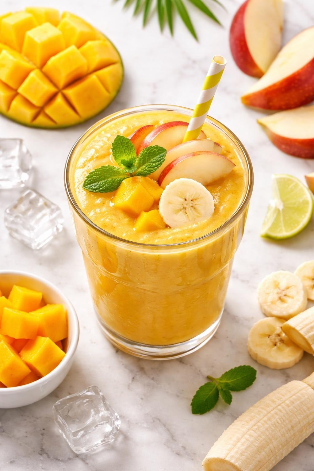 Realistic top-down editorial food photography of an apple mango smoothie in a clear glass on a light marble countertop. The smoothie is golden yellow, thick, and smooth, styled with apple slices, mango cubes, banana rounds, and a few ice cubes nearby. Bright natural window lighting, clean tropical breakfast styling, high detail, realistic smoothie texture, no people, no hands, no text, no watermarks, no props with writing.