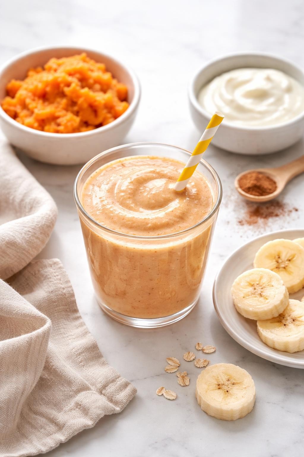 Realistic top-down editorial food photography of a sweet potato banana toddler smoothie in a small clear cup on a clean white marble countertop. The smoothie is soft orange, creamy, smooth, and thick, styled with mashed sweet potato in a plain bowl, banana slices, yogurt, and a small sprinkle of cinnamon nearby. Natural window lighting, clean cozy toddler snack styling, high detail, realistic smoothie texture, no people, no hands, no text, no watermarks, no props with writing.
