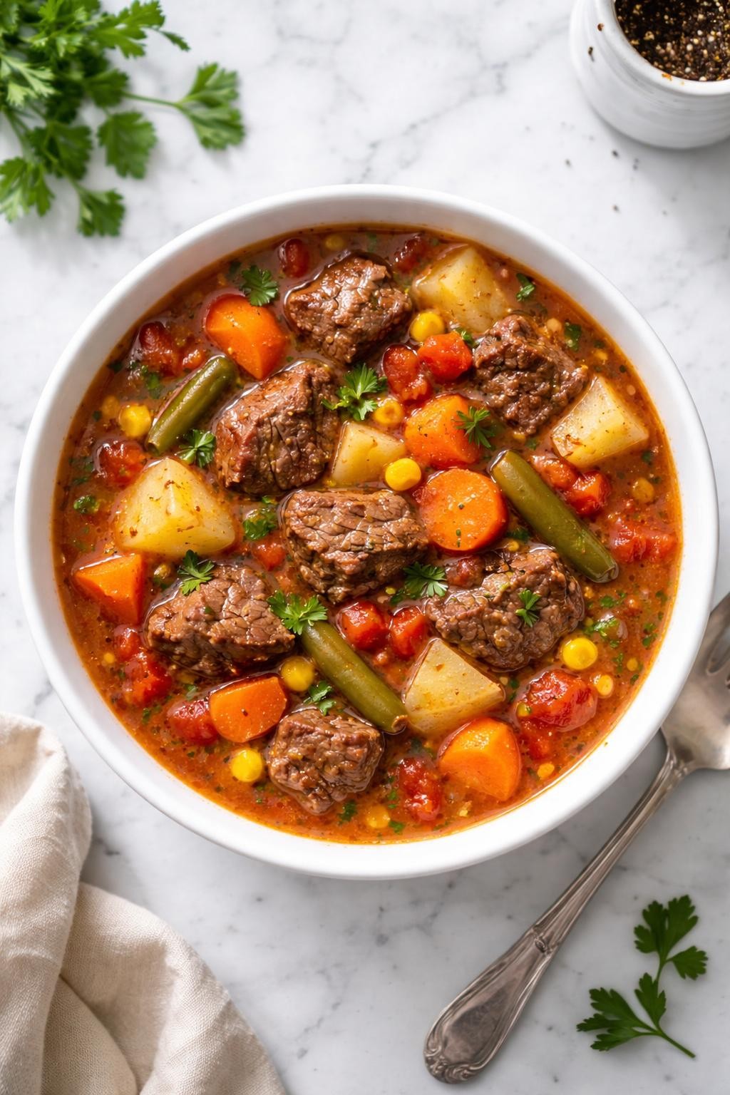 Image Prompt: Top-down realistic food photography of slow cooker vegetable beef soup in a white bowl on a bright marble countertop, tender beef chunks in rich broth with carrots, potatoes, corn, green beans, and tomatoes, cozy homemade dinner styling, bright natural daylight, clean editorial composition, high detail, no people, no hands, no text, no watermarks, no props with writing.