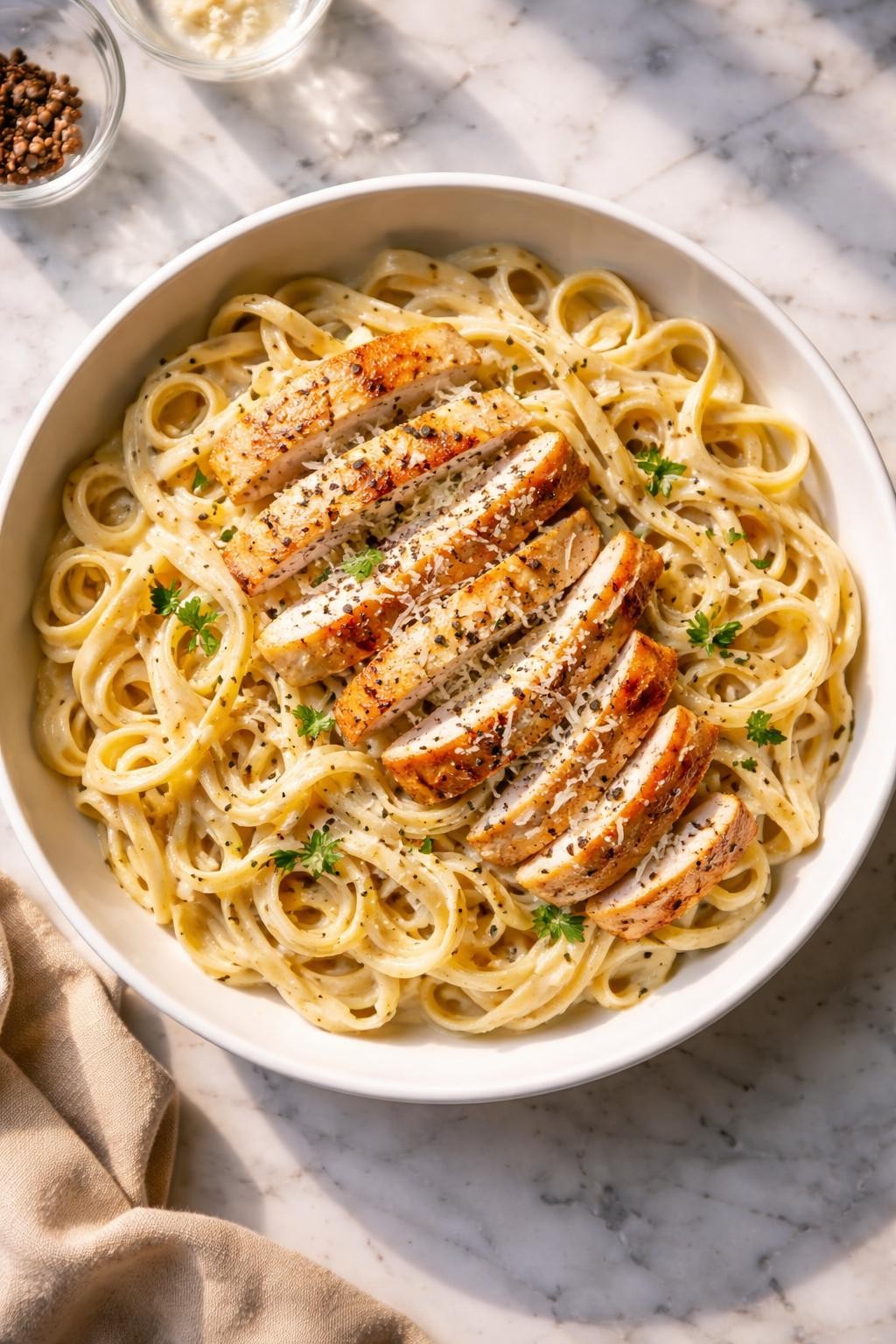 Image Prompt: Top-down realistic editorial food photography of chicken alfredo in a large white bowl on a clean marble countertop, fettuccine coated in creamy alfredo sauce with sliced chicken and parmesan, warm natural daylight, rich comforting dinner mood, no people, no hands, no text, no watermarks, no props with writing.