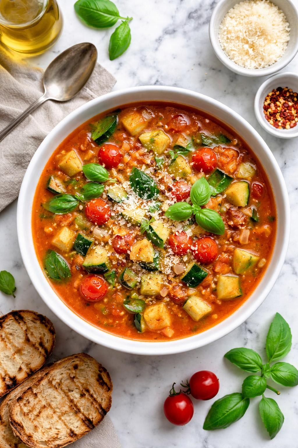 An overheard picture view of a plate of Zucchini and Tomato Soup sitting on a marble countertop table in the kitchen, professional food photography style.