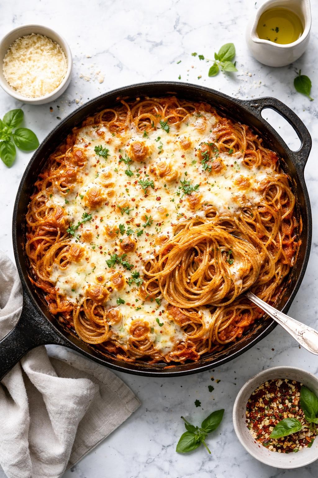Prompt: Top-down realistic editorial food photography of a cheesy spaghetti skillet on a clean white and gray marble countertop, spaghetti noodles tossed in tomato sauce with melted cheese stretching over the top, scattered herbs and golden spots from the heat, rustic skillet presentation, cozy homemade dinner mood, bright natural window lighting, soft shadows, clean composition, high detail, realistic food texture, no people, no hands, no text, no watermarks, no props with writing.