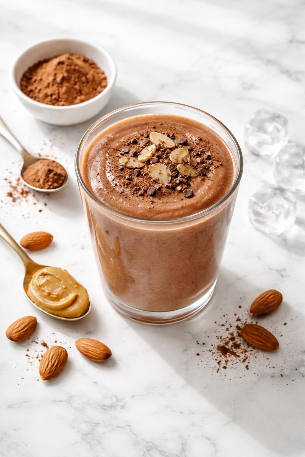 Realistic top-down editorial food photography of a creamy keto chocolate almond smoothie in a clear glass on a clean white marble countertop. The smoothie is rich chocolate brown, thick, and smooth, styled with cocoa powder in a plain small bowl, a spoonful of almond butter, a few almonds, and ice cubes nearby. Soft natural window lighting, clean dessert smoothie styling, high detail, realistic creamy texture, no people, no hands, no text, no watermarks, no props with writing.