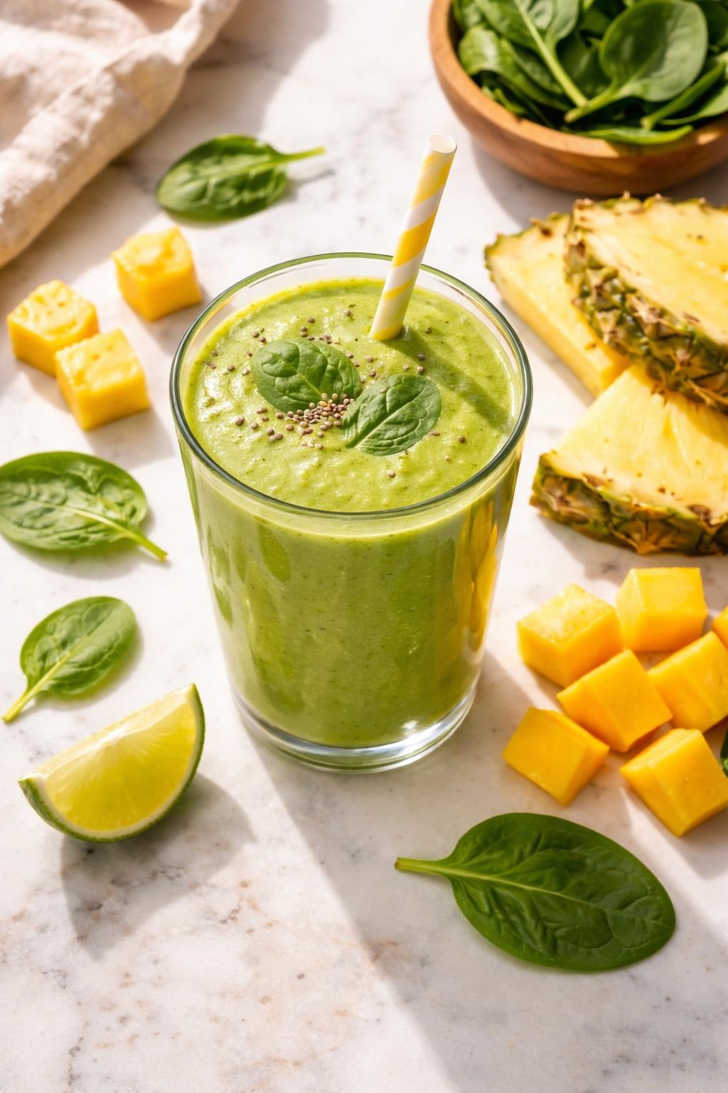 Realistic top-down editorial food photography of a tropical green smoothie in a clear glass on a light marble countertop. The smoothie is creamy green and smooth, surrounded by pineapple chunks, mango cubes, spinach leaves, and a small lime wedge. Bright natural daylight, sunny tropical breakfast styling, clean composition, realistic texture, high detail, no people, no hands, no text, no watermarks, no props with writing.