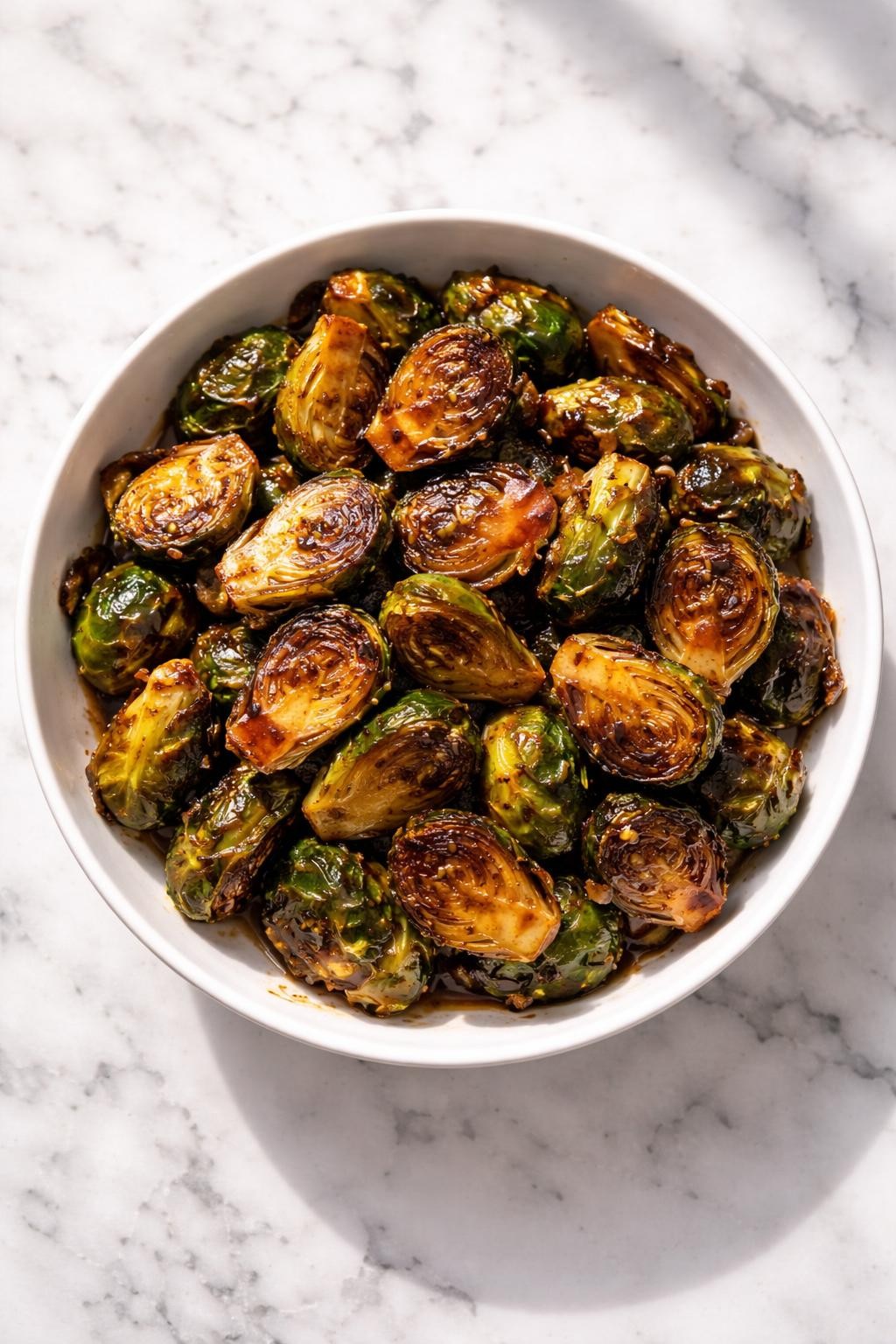 Image Prompt: Top-down realistic editorial food photography of homemade maple balsamic Brussels sprouts on a clean white marble countertop, roasted Brussels sprouts coated in a glossy maple balsamic glaze with caramelized edges in a simple serving bowl, warm sweet savory homemade side dish mood, bright natural daylight, soft shadows, clean editorial styling, high detail, no people, no hands, no text, no watermarks, no props with writing.