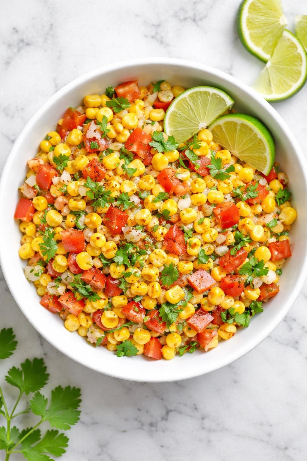 Image Prompt: Top-down realistic food photography of Indian corn salad in a simple white bowl on a clean marble countertop, sweet corn kernels mixed with onion, tomato, cilantro, lemon juice, and spices, colorful homemade Indian salad styling, bright natural daylight, clean editorial composition, high detail, no people, no hands, no text, no watermarks, no props with writing.