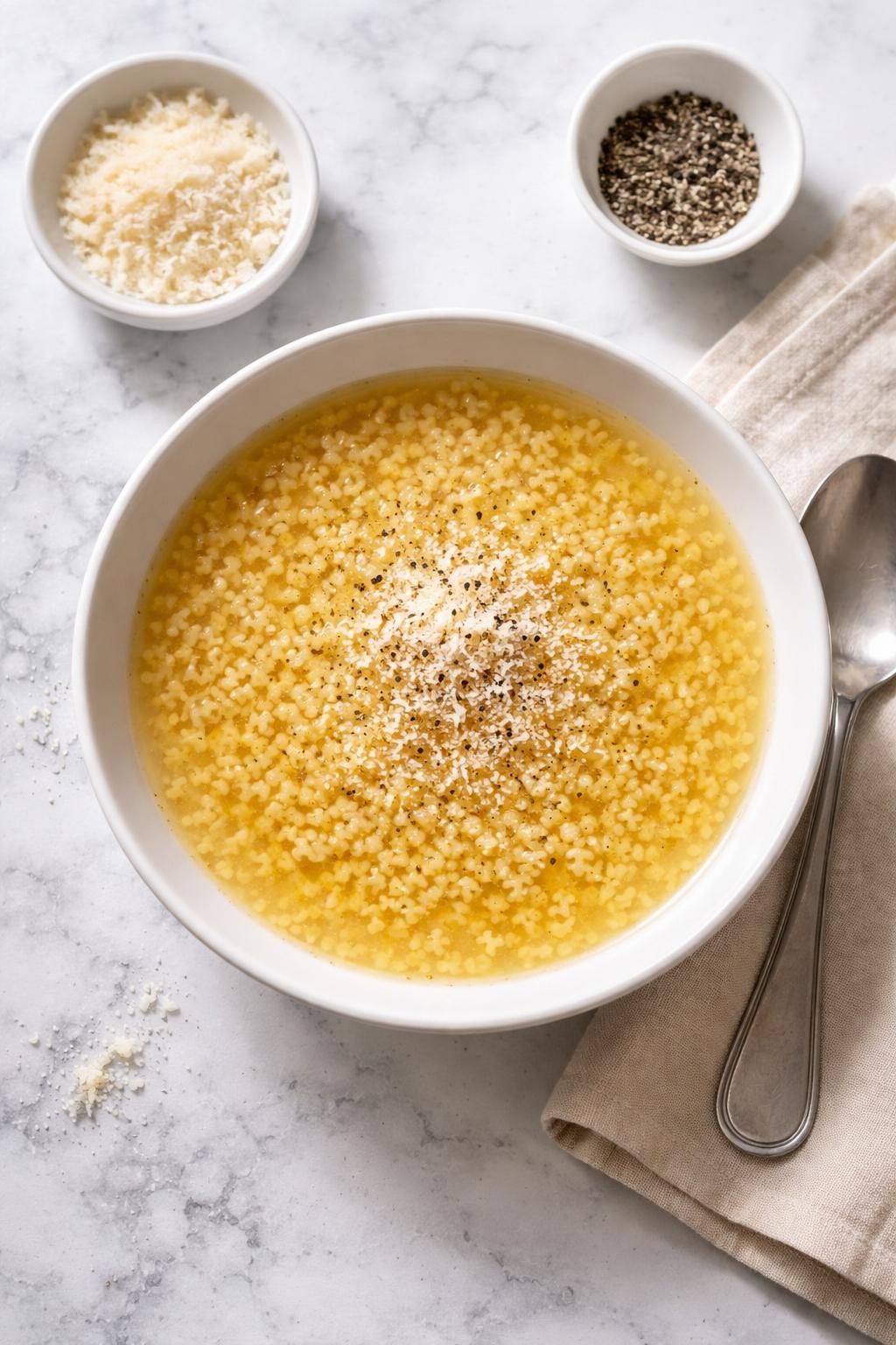 Image Prompt: Realistic top-down editorial food photography of classic pastina soup in a simple white bowl on a clean white and gray marble countertop, tiny pastina pasta in a clear golden broth with a little grated parmesan and black pepper on top, cozy homemade comfort food mood, bright natural window lighting, soft shadows, clean composition, high detail, realistic food texture, no people, no hands, no text, no watermarks, no props with writing.