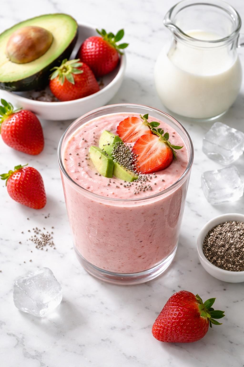 Realistic top-down editorial food photography of a strawberry avocado low carb smoothie served in a clear glass on a clean white marble countertop. The smoothie is soft pink, thick, creamy, and smooth, styled with strawberries, avocado slices, almond milk, chia seeds, and a few ice cubes nearby. Bright natural daylight, clean creamy berry smoothie styling, high detail, realistic smoothie texture, no people, no hands, no text, no watermarks, no props with writing.