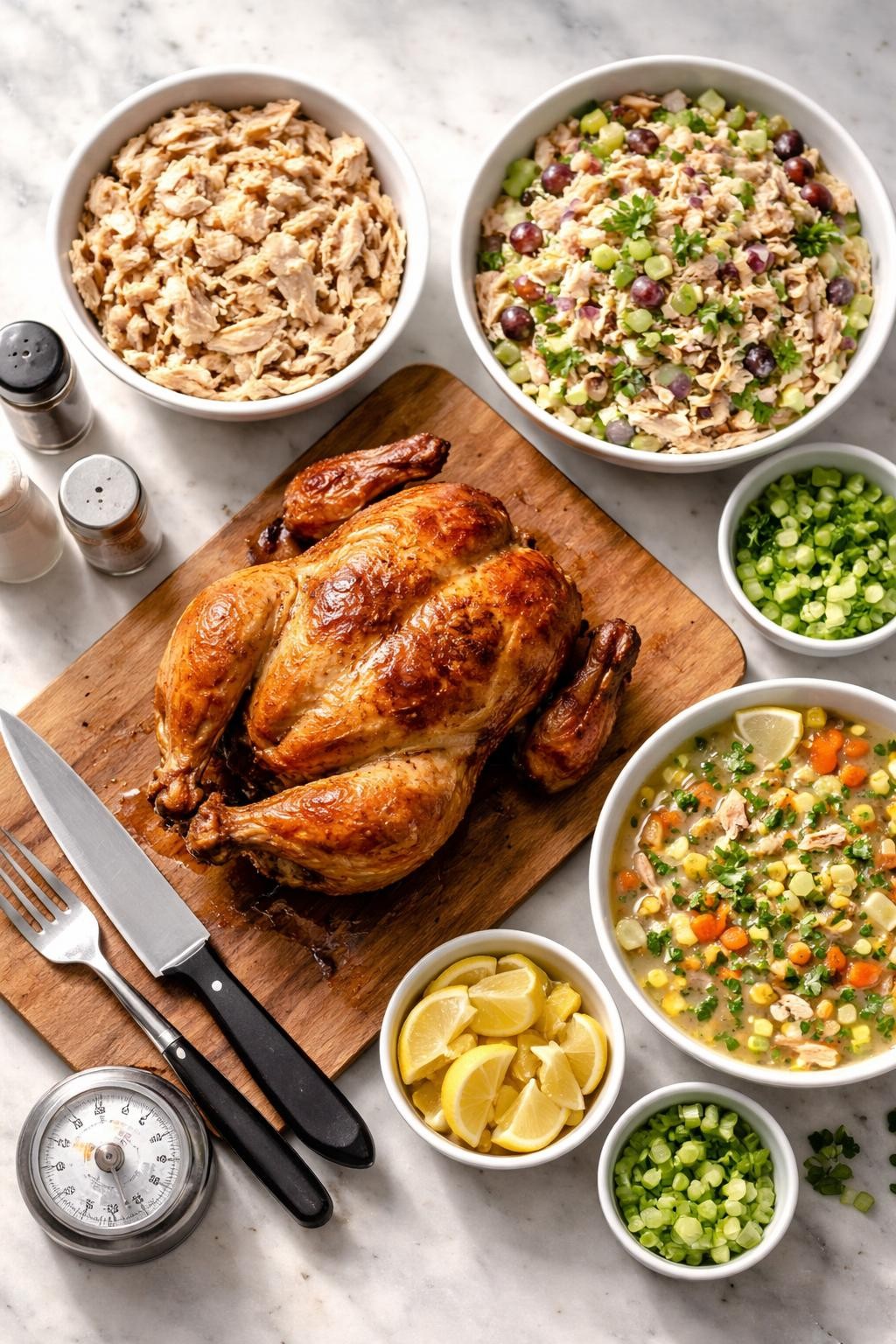 Photo prompt: Realistic top-down editorial food photography of a whole rotisserie chicken on a cutting board, with three bowls showing shredded chicken, chicken salad, and chicken soup ingredients. A kitchen timer nearby. Bright natural light, versatile rotisserie chicken meal prep mood, no people, no hands, no text, no watermarks, no props with writing.