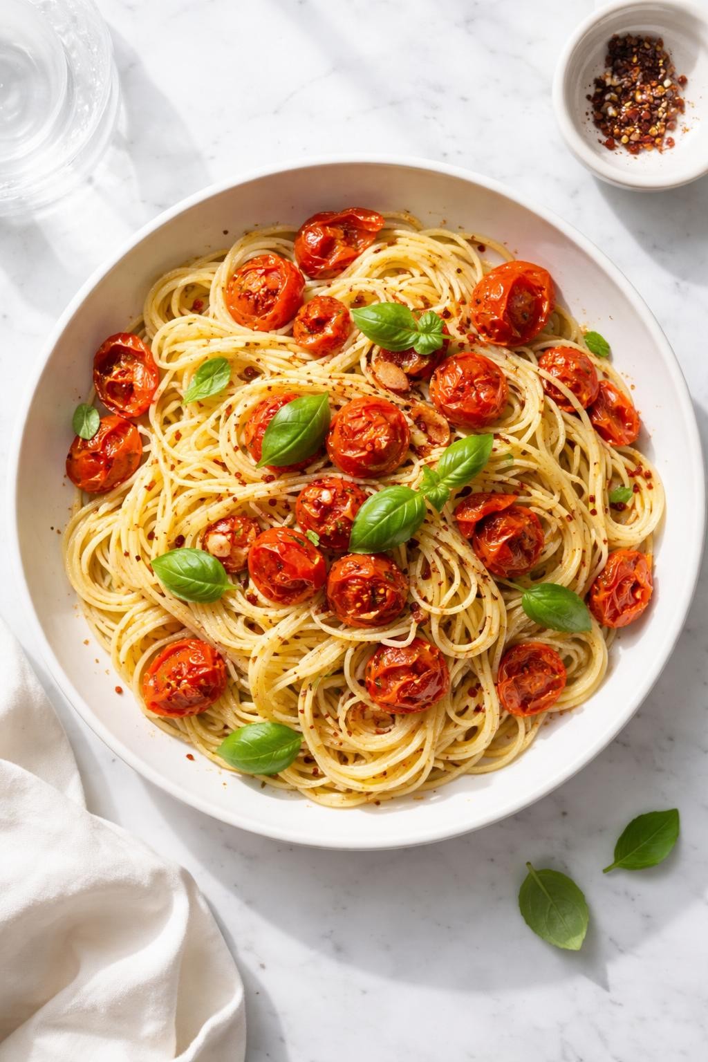 Image Prompt: Top-down realistic food photography of vegan pasta with roasted tomatoes on a clean white marble countertop, long pasta tossed with burst roasted cherry tomatoes, garlic, olive oil, and fresh basil, simple homemade dinner mood, bright natural daylight, clean editorial styling, high detail, realistic food texture, no people, no hands, no text, no watermarks, no props with writing.