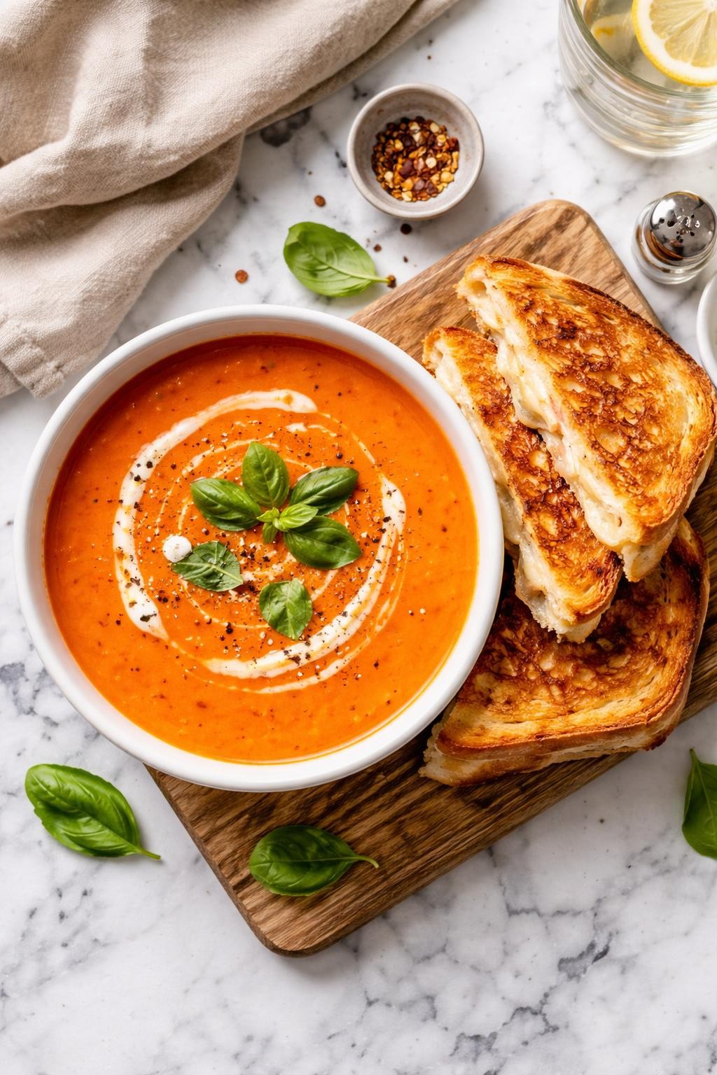 An overheard picture view of a plate of Tomato Bisque with Grilled Cheese sitting on a marble countertop table in the kitchen, professional food photography style.