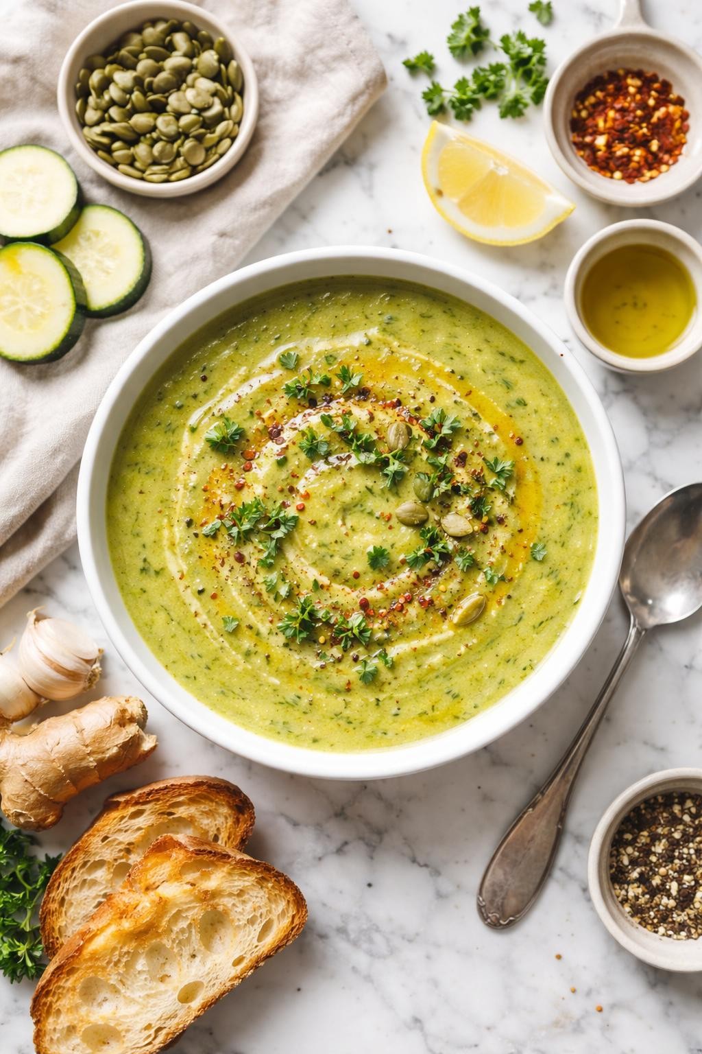 An overheard picture view of a plate of Zucchini and Ginger Soup sitting on a marble countertop table in the kitchen, professional food photography style.