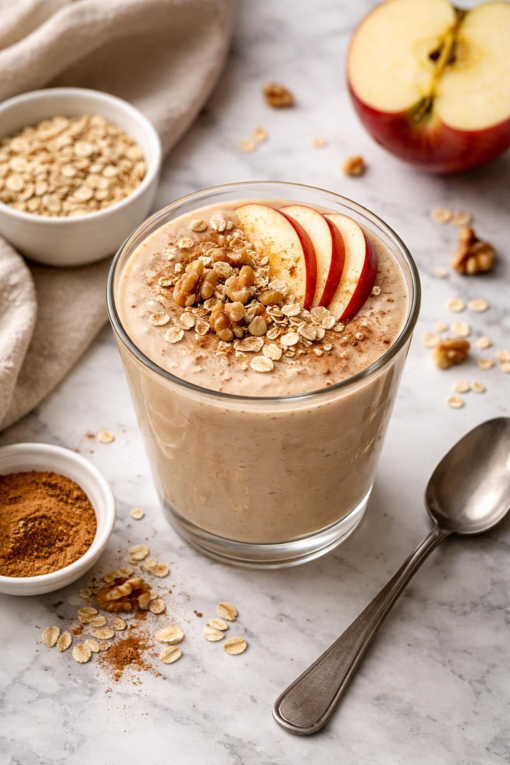 Realistic top-down editorial food photography of a creamy apple pie smoothie in a clear glass on a clean white and gray marble countertop. The smoothie is warm beige, thick, and smooth, styled with apple slices, rolled oats, cinnamon, a few chopped walnuts, and a plain spoon nearby without writing. Soft natural window lighting, cozy dessert-like breakfast styling, realistic creamy texture, high detail, no people, no hands, no text, no watermarks.