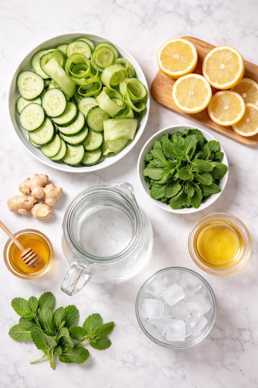 Prompt: A realistic top-down flat lay food photography shot of all ingredients for the best cucumber detox drink arranged neatly on a countertop marble table: fresh cucumber slices and cucumber ribbons, lemon halves and lemon rounds, peeled fresh ginger pieces, fresh mint leaves, honey in a small clear bowl, cold water in a clear glass pitcher, apple cider vinegar in a small clear bowl, and ice cubes in a small clear bowl. Clean natural lighting, fresh green drink styling, neat composition, no people, no hands, no text, no watermarks, no props with writing.