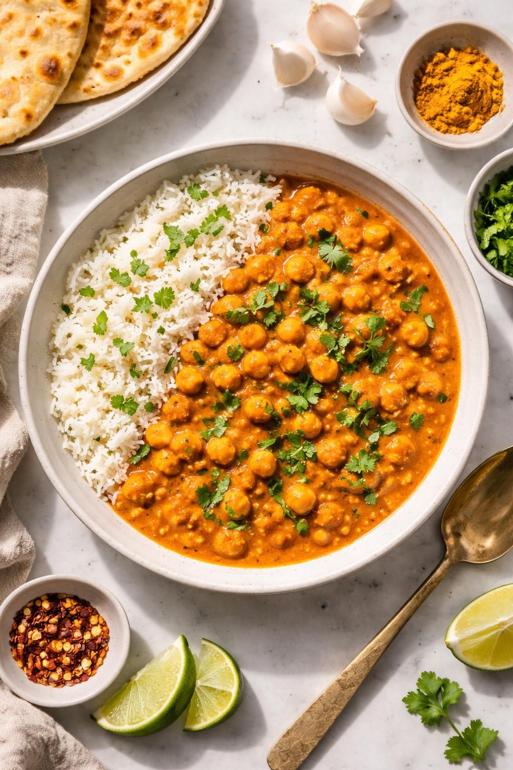 Image Prompt: Realistic top-down editorial food photography of vegan butter chickpeas in a shallow bowl on a white marble countertop, tender chickpeas in a creamy orange tomato coconut sauce with visible garlic, ginger, and cilantro, served with basmati rice, cozy homemade Indian dinner styling, bright natural daylight, soft shadows, clean editorial composition, high detail, realistic texture, no people, no hands, no text, no watermarks, no props with writing.