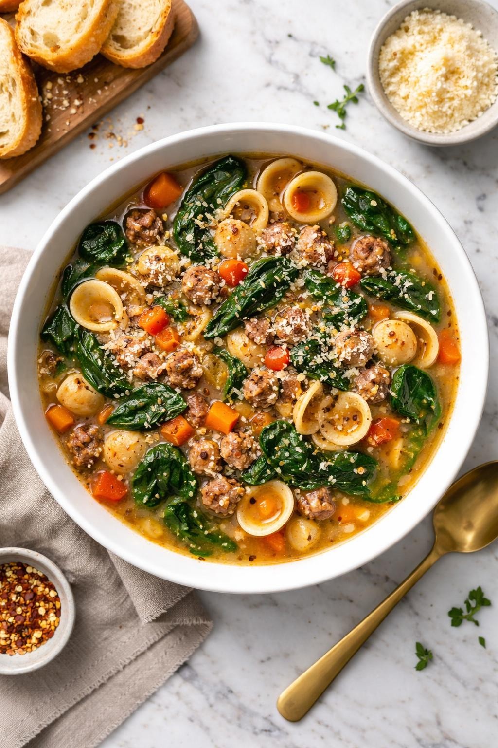 An overheard picture view of a plate of Sausage and Spinach Pasta Soup sitting on a marble countertop table in the kitchen, professional food photography style.