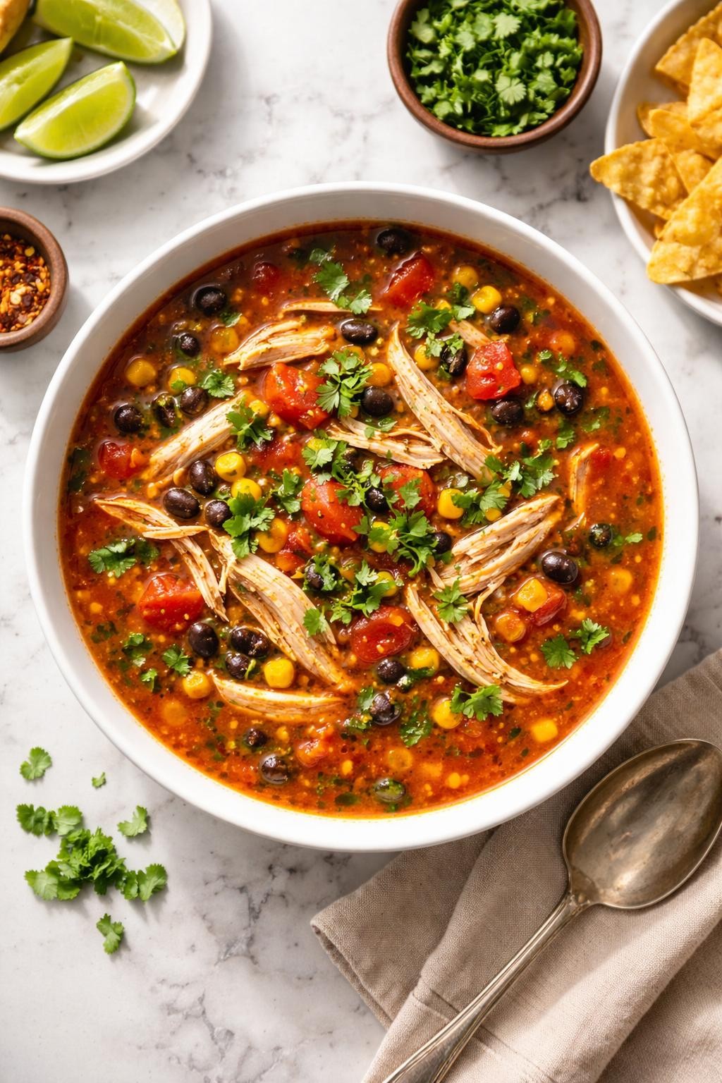 Image Prompt: Realistic top-down editorial food photography of high protein Mexican chicken soup in a white bowl on a clean marble countertop, tomato-based broth with shredded chicken breast, black beans, corn, diced tomatoes, and cilantro, warm natural daylight, cozy homemade soup mood, no people, no hands, no text, no watermarks, no props with writing.