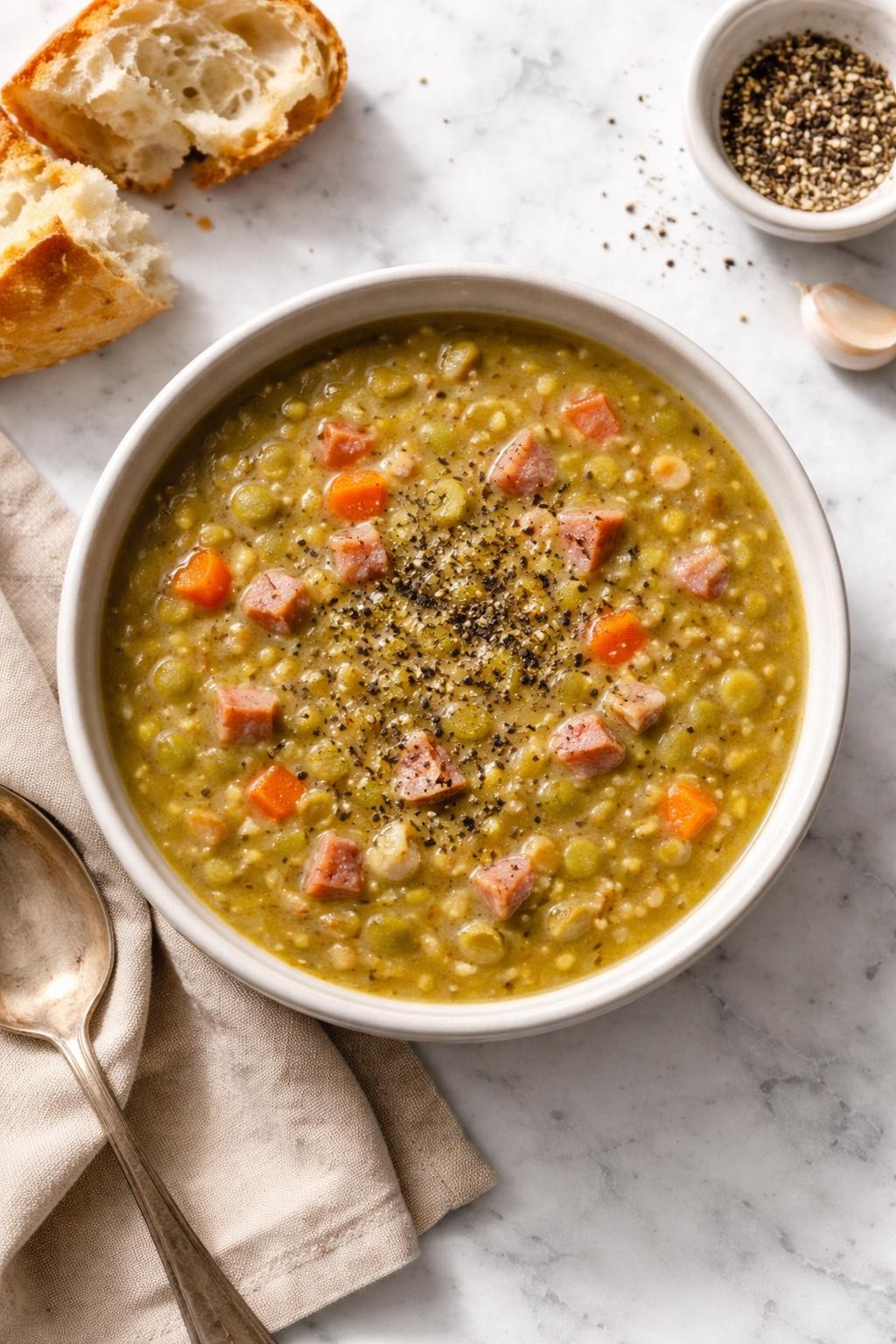 Image Prompt: Realistic top-down editorial food photography of thick split pea soup on a white marble countertop, dense green soup with split peas, carrots, diced ham, and cracked black pepper in a simple bowl, cozy homemade dinner styling, bright natural light, soft shadows, no people, no hands, no text, no watermarks, no props with writing.