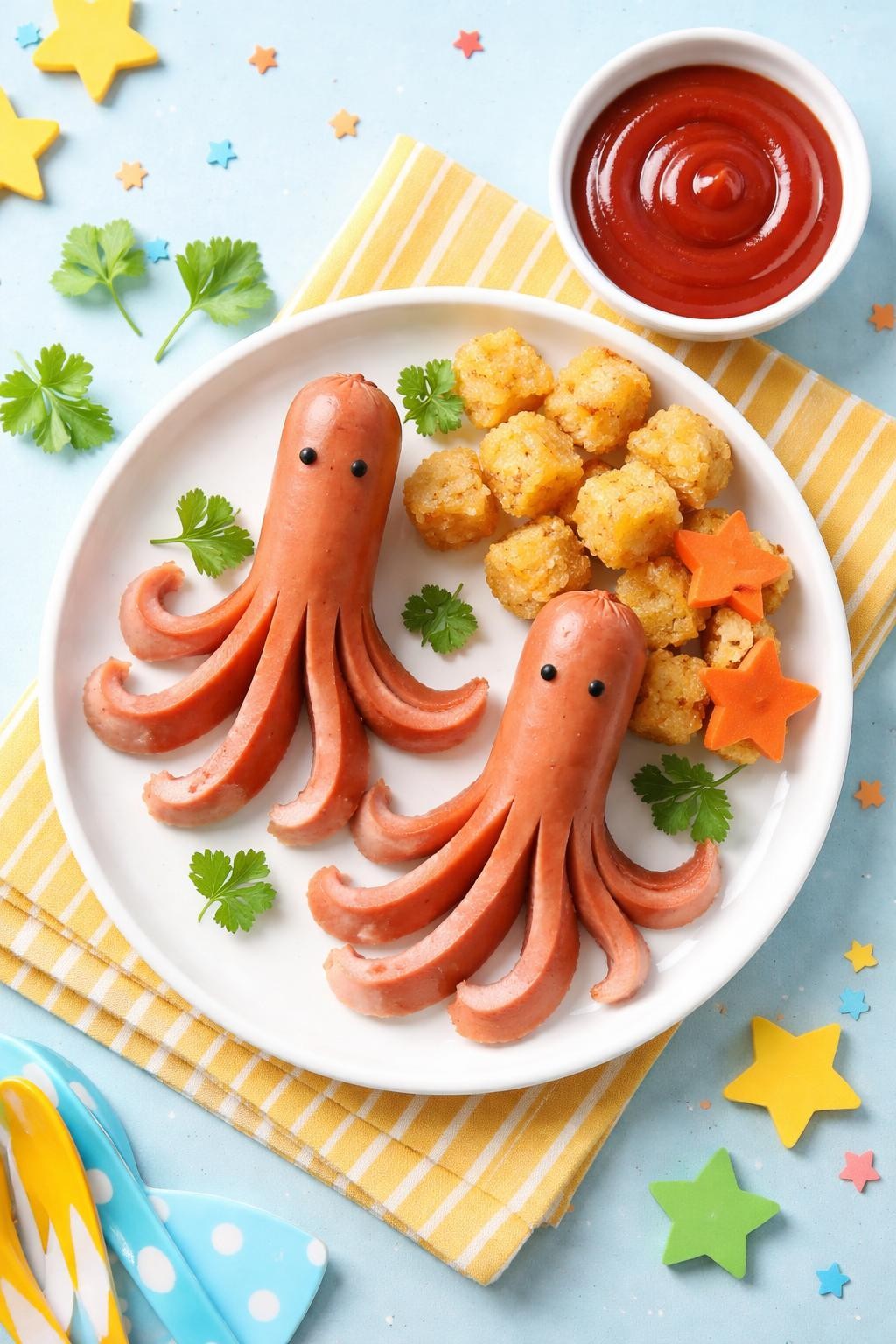 "Overhead realistic photo of a plate with two hot dogs cut into octopus shapes (sliced lengthwise halfway up, then boiled so the legs curl). A small bowl of ketchup. Bright playful light, fun kid-friendly dinner, no people, no hands, no text, no watermarks."