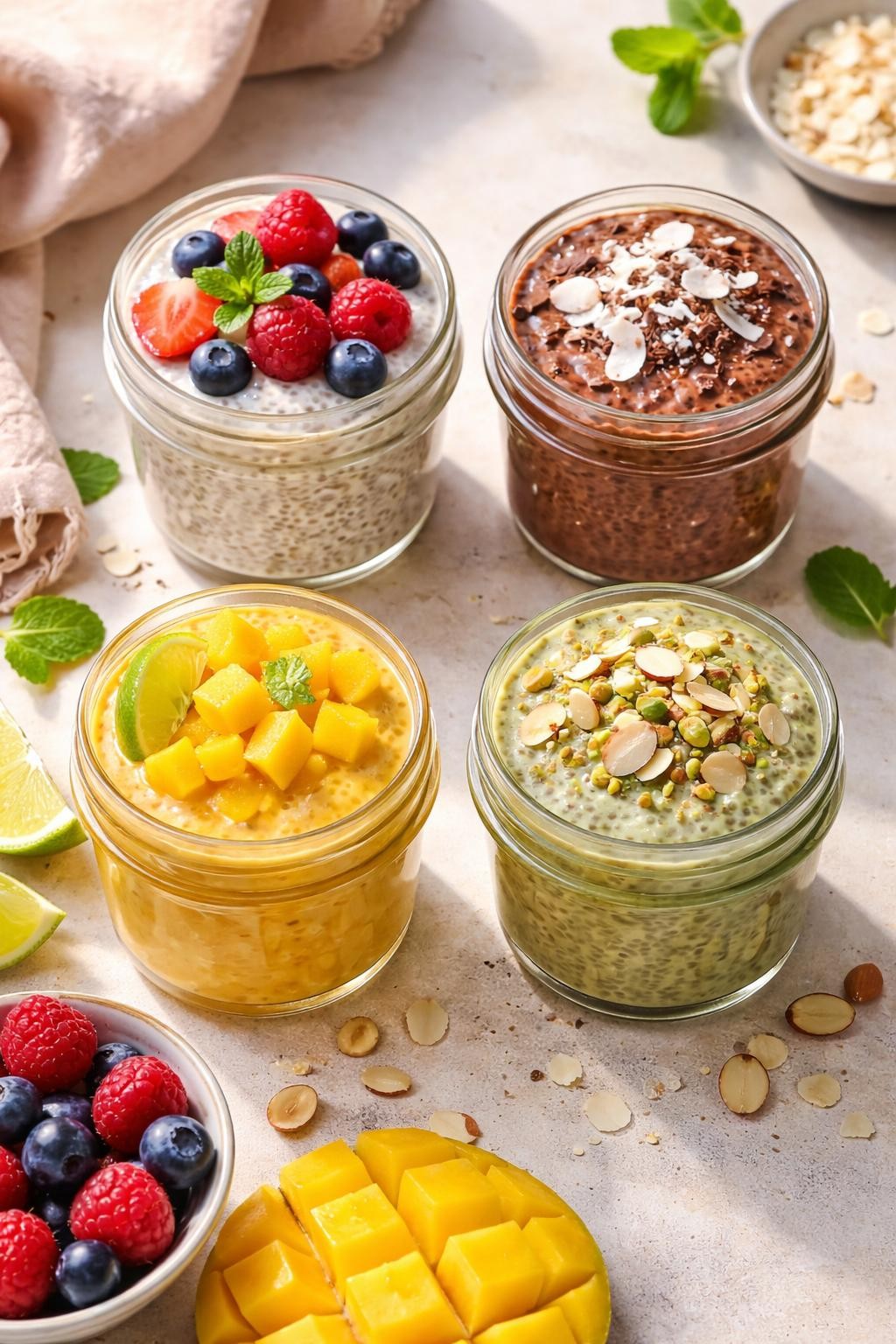 Photo prompt: Realistic top-down editorial food photography of four small glass jars filled with chia pudding. One is vanilla with berries, one chocolate with coconut flakes, one mango with lime, and one matcha with almonds. The pudding has a thick, gel-like texture with tiny chia seeds visible. Soft morning light, colorful and creamy breakfast prep mood, no people, no hands, no text, no watermarks, no props with writing.