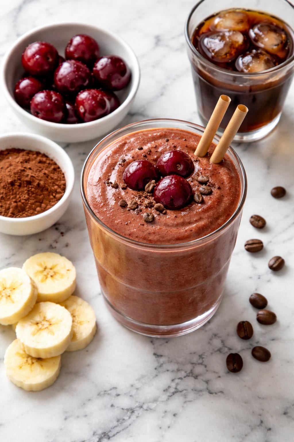 Realistic top-down editorial food photography of a cherry coffee smoothie served in a clear glass on a clean white and gray marble countertop. The smoothie is deep mocha red-brown, thick, creamy, and smooth, styled with cold coffee in a plain glass, pitted cherries, cocoa powder in a plain bowl, banana slices, and a few coffee beans nearby. Soft natural daylight, clean morning smoothie styling, high detail, realistic creamy texture, no people, no hands, no text, no watermarks, no props with writing.