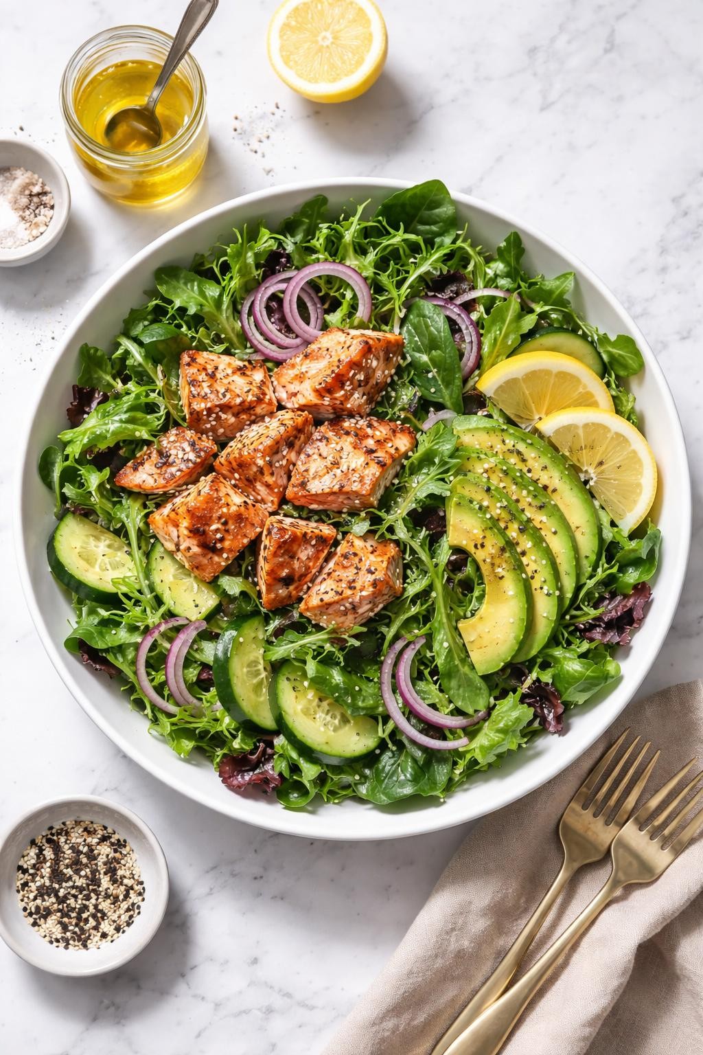 Image Prompt: Realistic top-down editorial food photography of a keto salmon avocado salad on a white marble countertop, with flaky cooked salmon, avocado slices, mixed greens, cucumber, red onion, and lemon dressing, fresh hearty homemade meal styling, bright natural daylight, soft shadows, clean editorial composition, high detail, realistic texture, no people, no hands, no text, no watermarks, no props with writing.