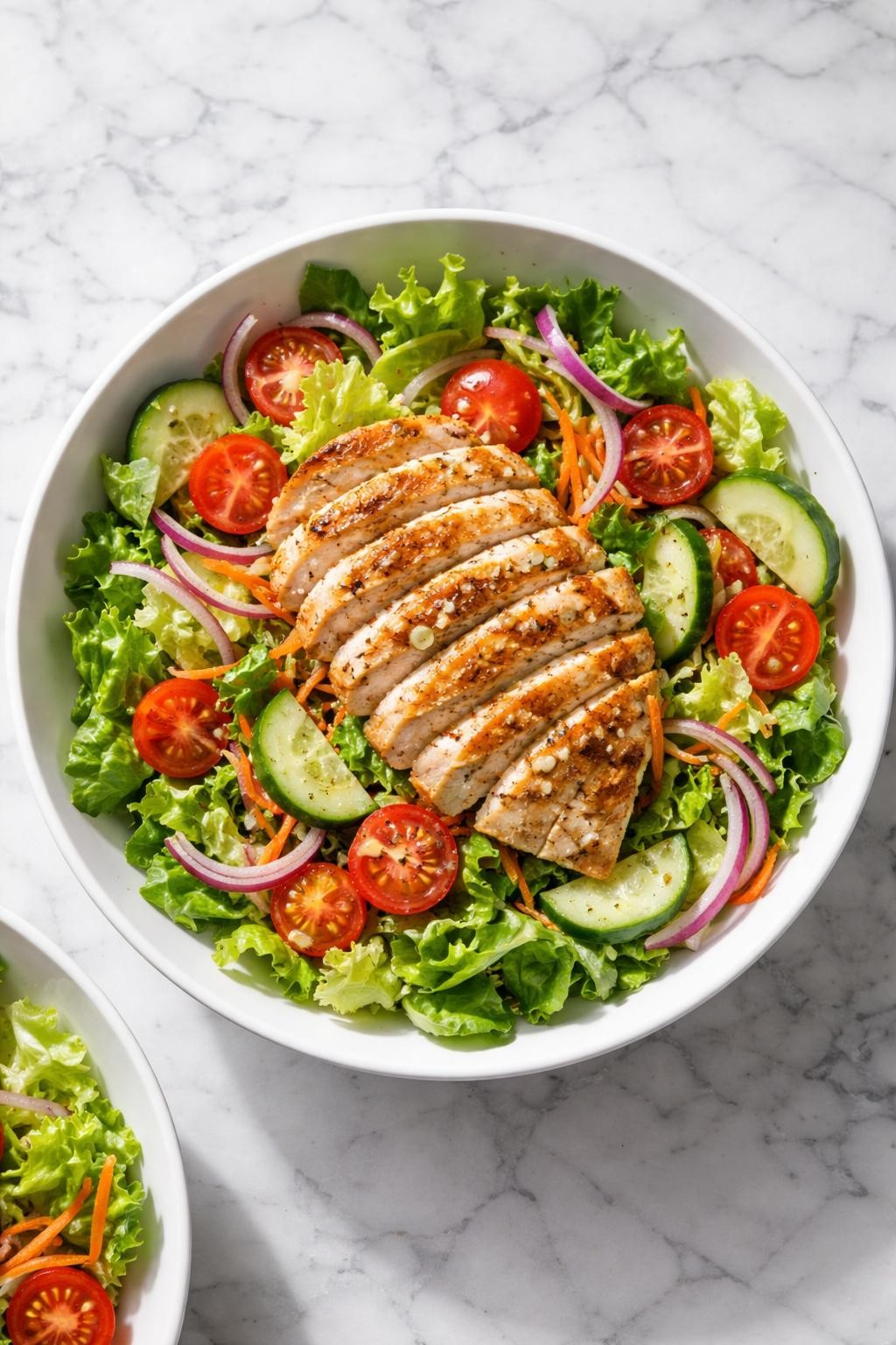Image Prompt: Realistic top-down editorial food photography of a grilled chicken garden salad in a wide white bowl on a clean white and gray marble countertop, sliced grilled chicken breast over crisp romaine, cucumber, cherry tomatoes, shredded carrots, and red onion, light drizzle of vinaigrette, bright natural window lighting, soft shadows, clean composition, fresh homemade meal mood, high detail, realistic food texture, no people, no hands, no text, no watermarks, no props with writing.