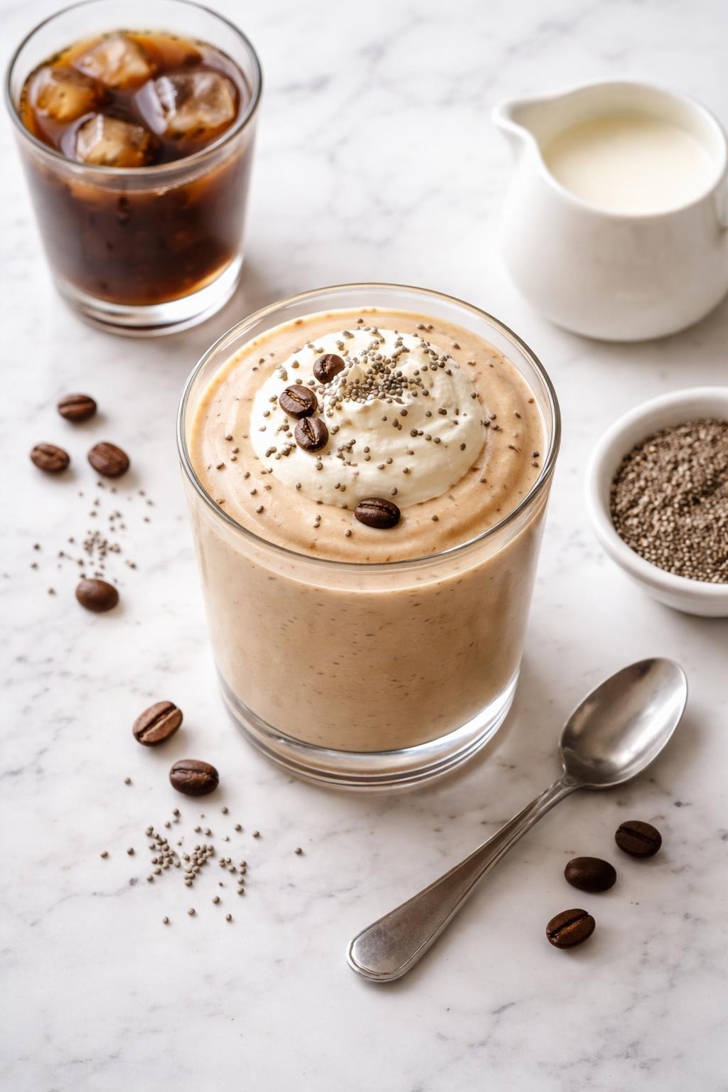 Realistic top-down food photography of a coffee cream low carb smoothie served in a clear glass on a clean white marble countertop. The smoothie is light coffee brown, thick, creamy, and smooth, styled with cold coffee in a plain glass, cream in a plain dish, chia seeds, and a few coffee beans nearby. Soft natural daylight, clean morning smoothie styling, realistic creamy texture, high detail, no people, no hands, no text, no watermarks, no props with writing.