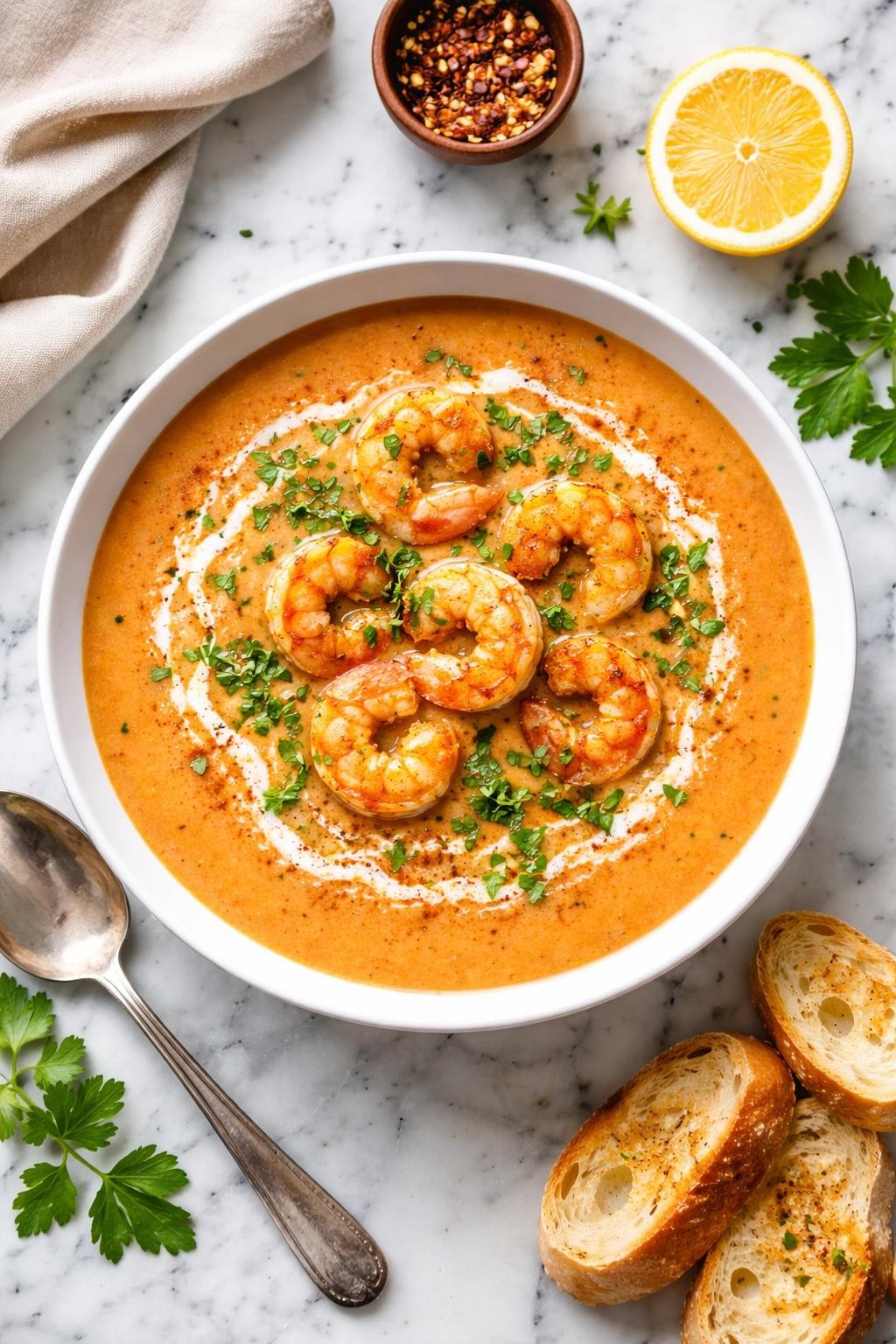 An overheard picture view of a plate of Shrimp Bisque (Emeril's Recipe) sitting on a marble countertop table in the kitchen, professional food photography style.