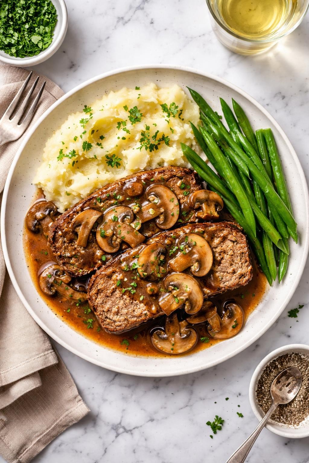 An overheard picture view of a plate of Meatloaf Marsala with Mushroom Sauce sitting on a marble countertop table in the kitchen, professional food photography style.