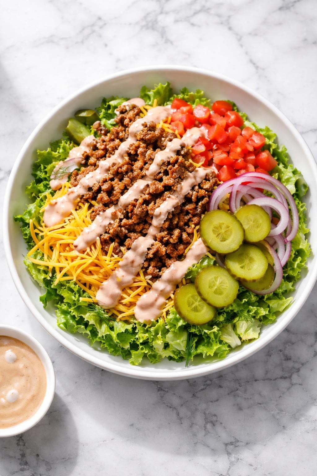 Image Prompt: Realistic top-down editorial food photography of a keto cheeseburger salad on a clean white and gray marble countertop, with seasoned ground beef, chopped lettuce, shredded cheddar, pickles, tomato, red onion, and burger sauce, bold hearty homemade dinner mood, bright natural window lighting, soft shadows, clean composition, high detail, realistic food texture, no people, no hands, no text, no watermarks, no props with writing.