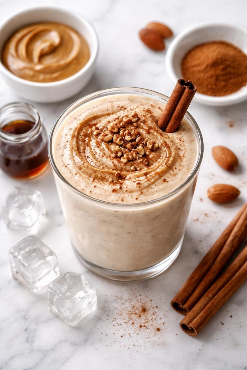 Realistic top-down editorial food photography of a creamy keto cinnamon roll smoothie served in a clear glass on a clean white marble countertop. The smoothie is pale beige, thick, and smooth, styled with cinnamon, almond butter in a plain small dish, vanilla, and a few ice cubes nearby. Soft natural window lighting, cozy dessert smoothie styling, realistic creamy texture, high detail, no people, no hands, no text, no watermarks, no props with writing.