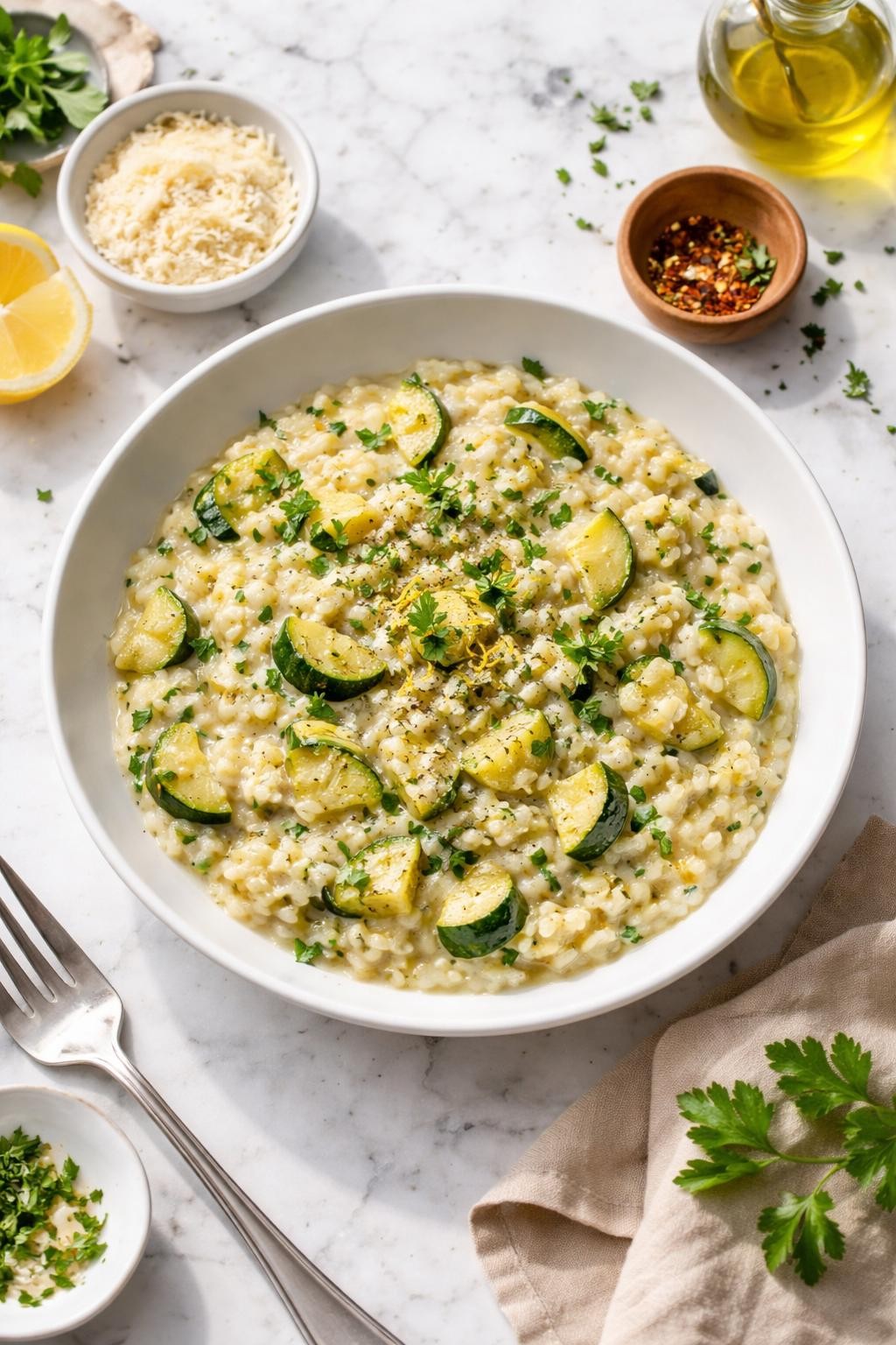 Image Prompt: Top-down realistic food photography of creamy vegan zucchini risotto in a shallow white bowl on a bright marble countertop, glossy arborio rice with tender green zucchini pieces and herbs, fresh homemade dinner styling, natural daylight, clean editorial composition, high detail, no people, no hands, no text, no watermarks, no props with writing.