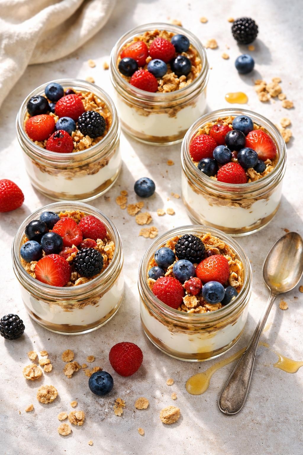 "Overhead realistic shot of five small mason jars, each layered with Greek yogurt, granola, mixed berries, and a drizzle of honey. A spoon resting next to the jars. Soft morning light, grab-and-go breakfast, no people, no hands, no text, no watermarks."