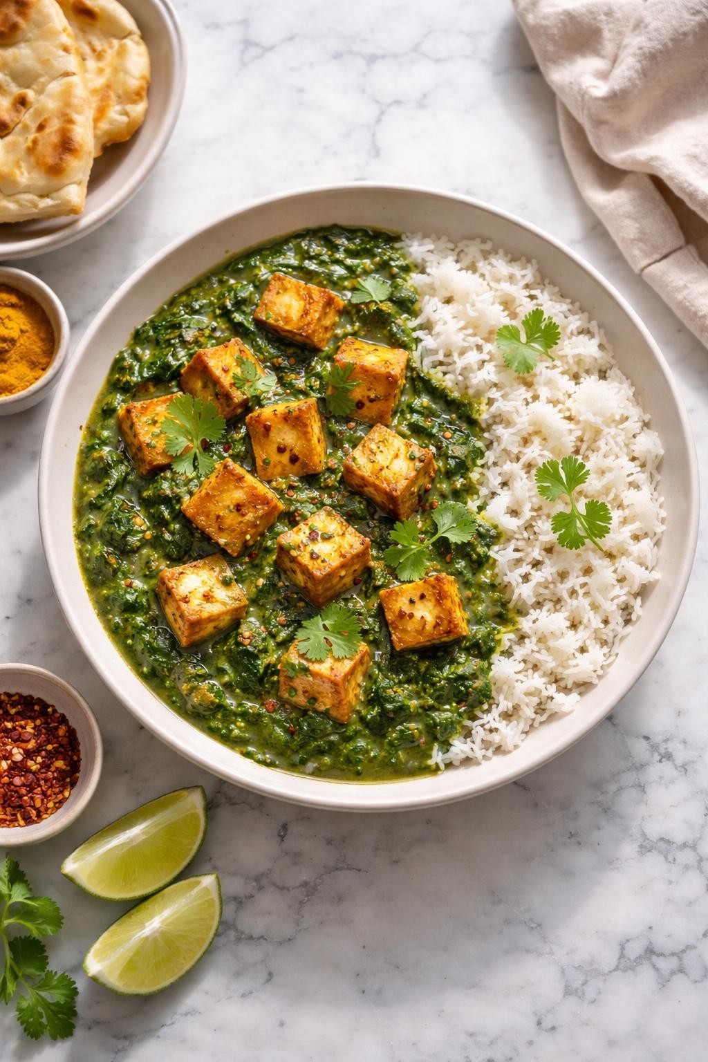 Image Prompt: Realistic top-down editorial food photography of vegan palak tofu in a shallow bowl on a clean white and gray marble countertop, golden tofu cubes in a creamy green spinach sauce with garlic, ginger, and Indian spices, served with basmati rice, cozy homemade Indian dinner mood, bright natural window lighting, soft shadows, clean composition, high detail, realistic food texture, no people, no hands, no text, no watermarks, no props with writing.