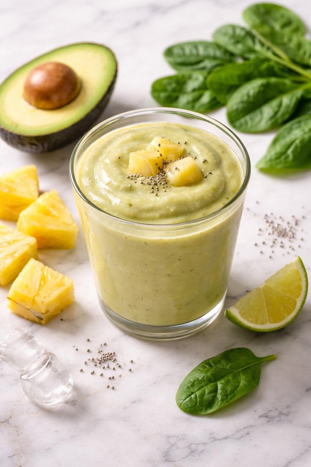 Realistic top-down editorial food photography of a thick pineapple avocado smoothie served in a clear glass on a clean light marble countertop. The smoothie is creamy pale green, thick, and smooth, with sliced avocado, pineapple chunks, spinach leaves, and a small lime wedge arranged neatly nearby. Soft natural light, clean healthy breakfast styling, realistic creamy texture, high detail, no people, no hands, no text, no watermarks, no props with writing.