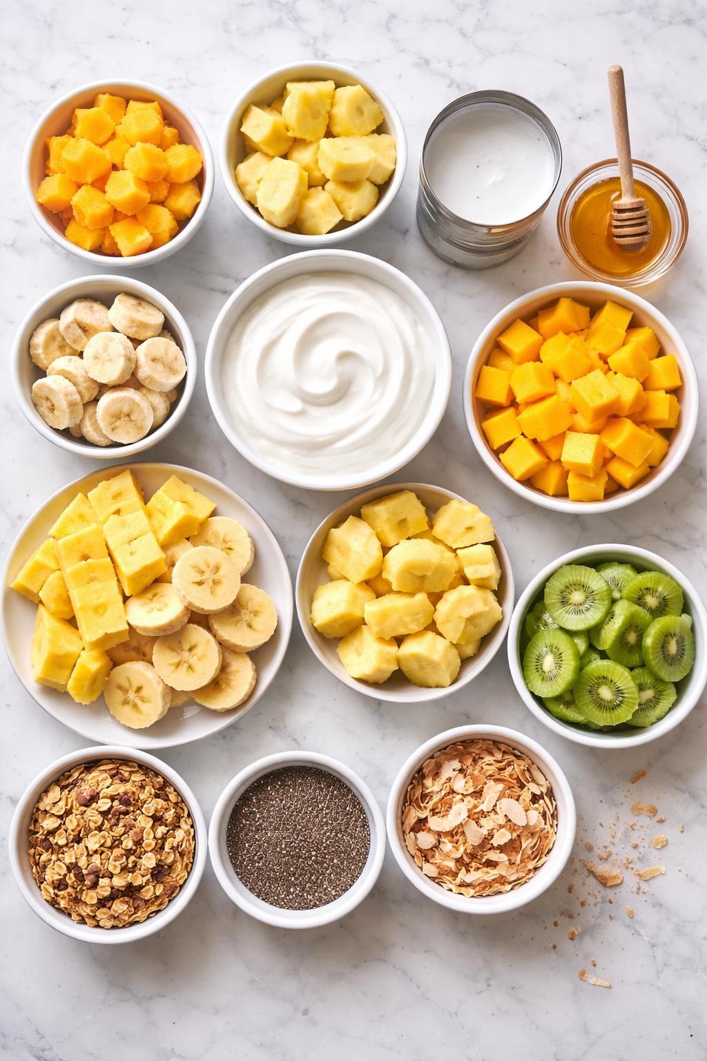 Prompt: A realistic top-down flat lay food photography image of tropical smoothie bowl ingredients arranged neatly on a countertop marble table. Include frozen mango chunks, frozen pineapple chunks, frozen banana slices, thick coconut yogurt, canned coconut milk, honey, fresh mango cubes, fresh pineapple chunks, fresh banana slices, kiwi slices, granola, chia seeds, and toasted coconut flakes. Clean bright natural light, simple organized layout, no people, no hands, no text, no watermarks, no props with writing.