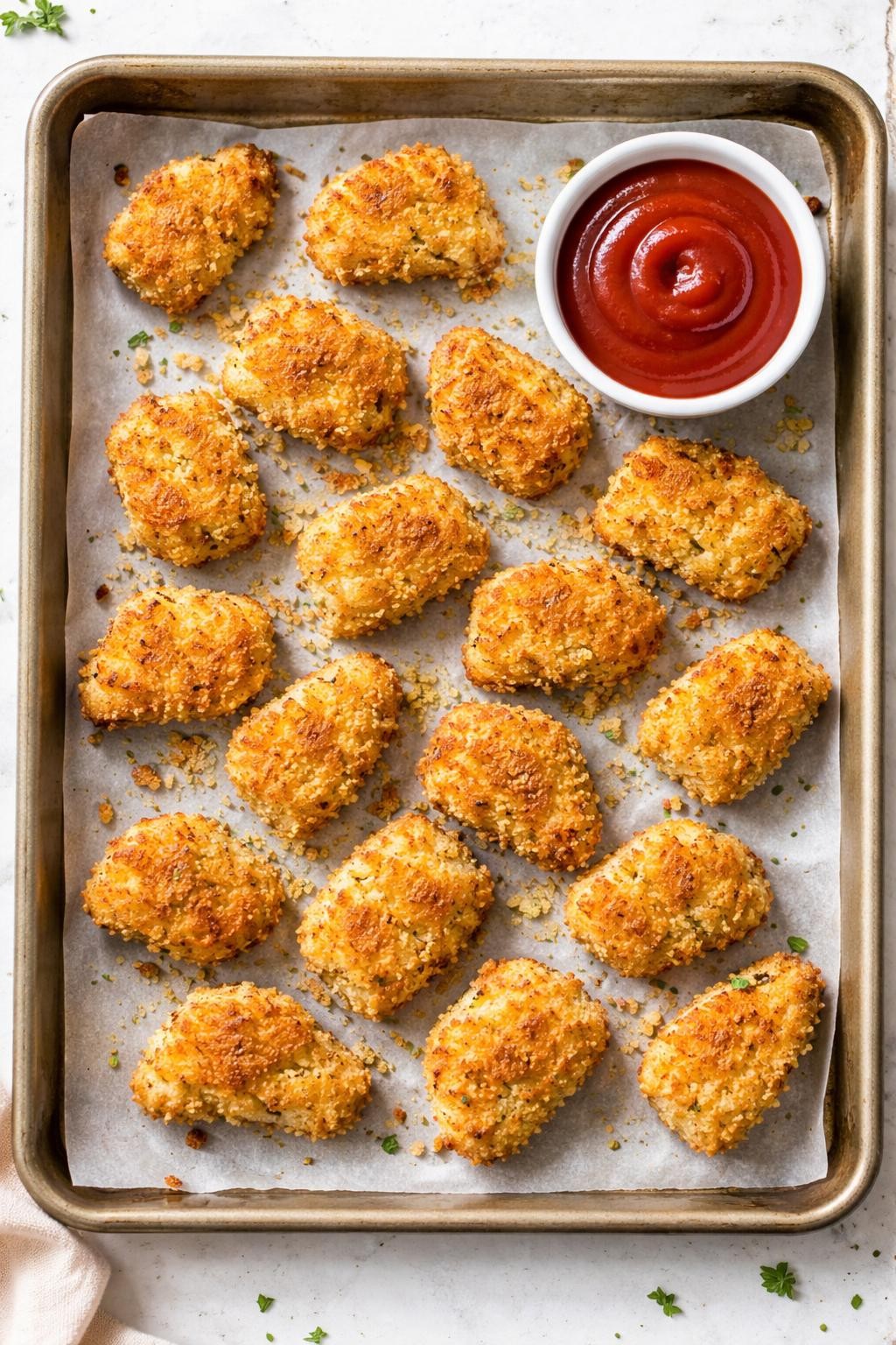 "Overhead realistic photo of a baking sheet with golden-brown baked chicken nuggets, showing a crunchy breadcrumb coating. A small bowl of ketchup for dipping. Bright kitchen light, healthier homemade nuggets, no people, no hands, no text, no watermarks."
