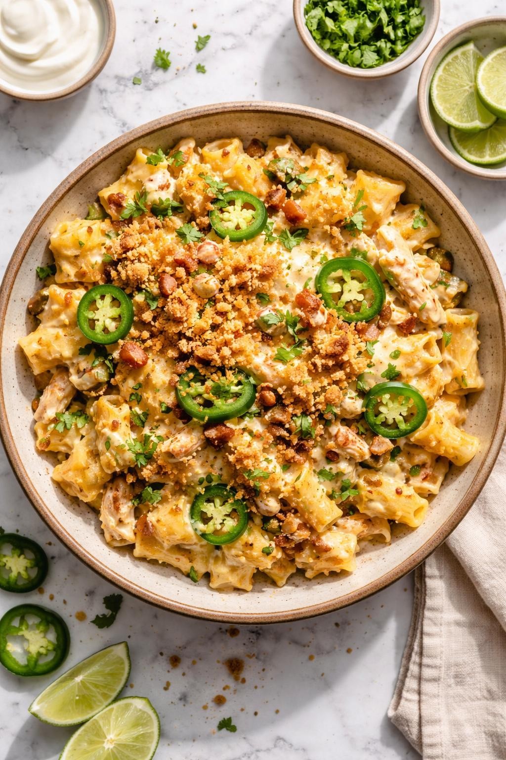 Image Prompt: Realistic top-down editorial food photography of jalapeño popper Mexican pasta in a rustic bowl on a white marble countertop, creamy pasta with diced jalapeños, shredded chicken, melted cheese, and crispy topping, bright natural daylight, soft shadows, clean homemade dinner styling, high detail, realistic food texture, no people, no hands, no text, no watermarks, no props with writing.