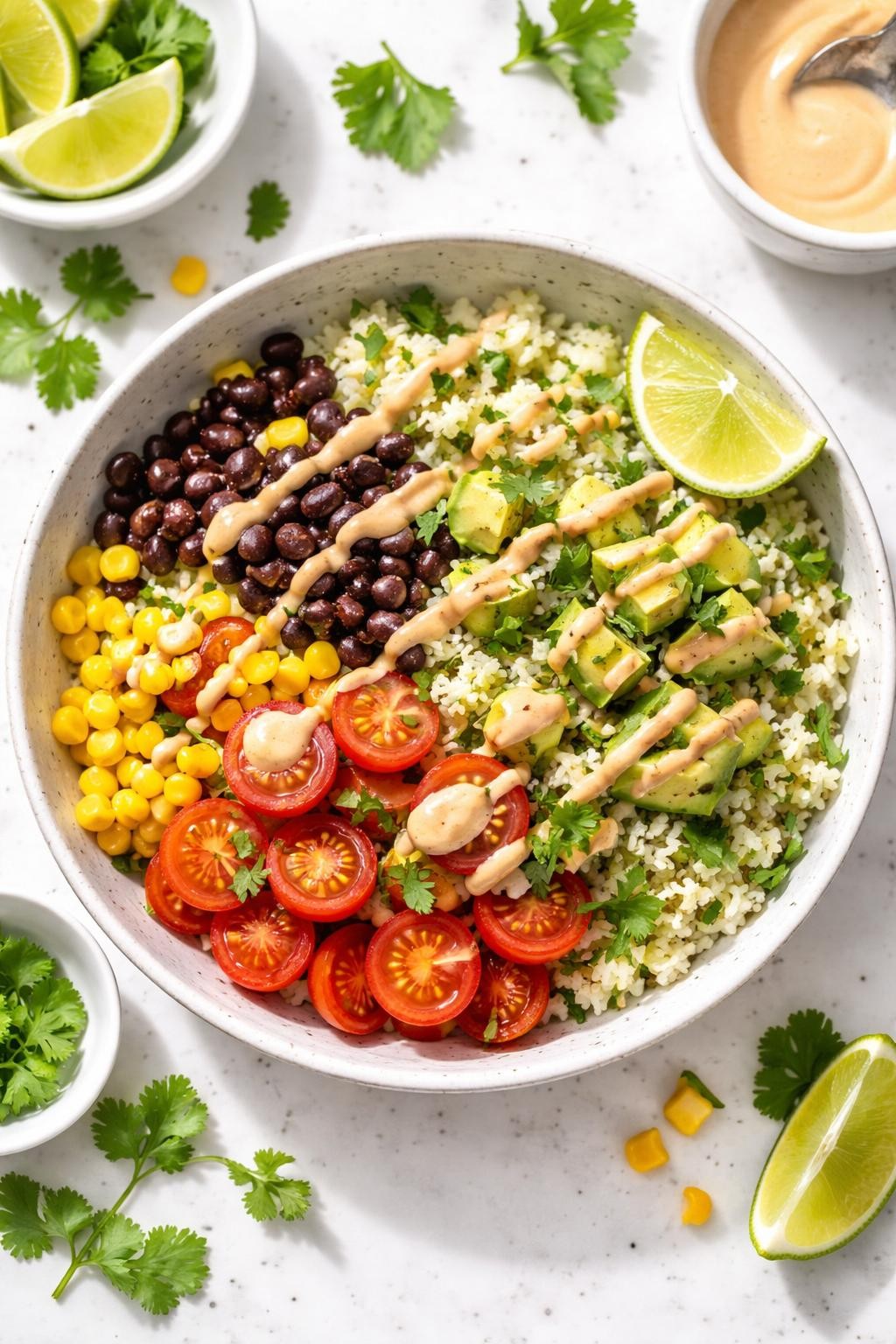 "Realistic top-down food photography of a bowl of cauliflower rice bowl on a white countertop. The bowl has cilantro lime cauliflower rice topped with black beans, corn, diced avocado, cherry tomatoes, and a drizzle of chipotle crema. Fresh lime wedge on the side. Bright vibrant lighting, fresh and zesty vegan lunch, no people, no hands, no text, no watermarks."