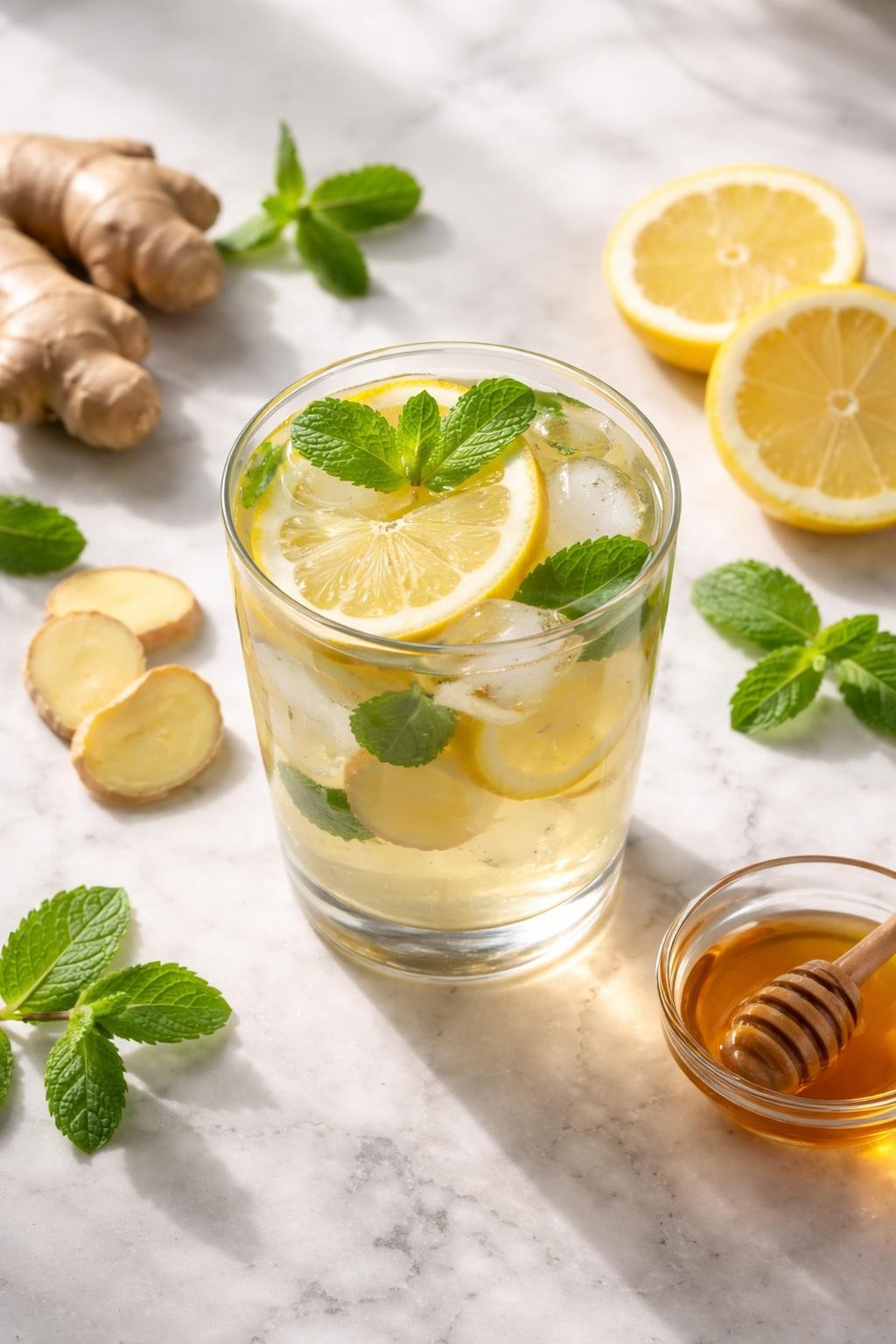 Prompt: A realistic top-down editorial food photography shot of a refreshing best ginger detox drink served in a clear glass filled with pale golden lemon ginger water, thin lemon rounds, fresh mint leaves, small peeled ginger slices, and ice cubes. The glass is sitting on a countertop marble table with soft natural morning light, extra ginger pieces, lemon slices, mint leaves, and a small clear bowl of honey placed neatly nearby, clean fresh wellness drink mood, no people, no hands, no text, no watermarks, no props with writing.