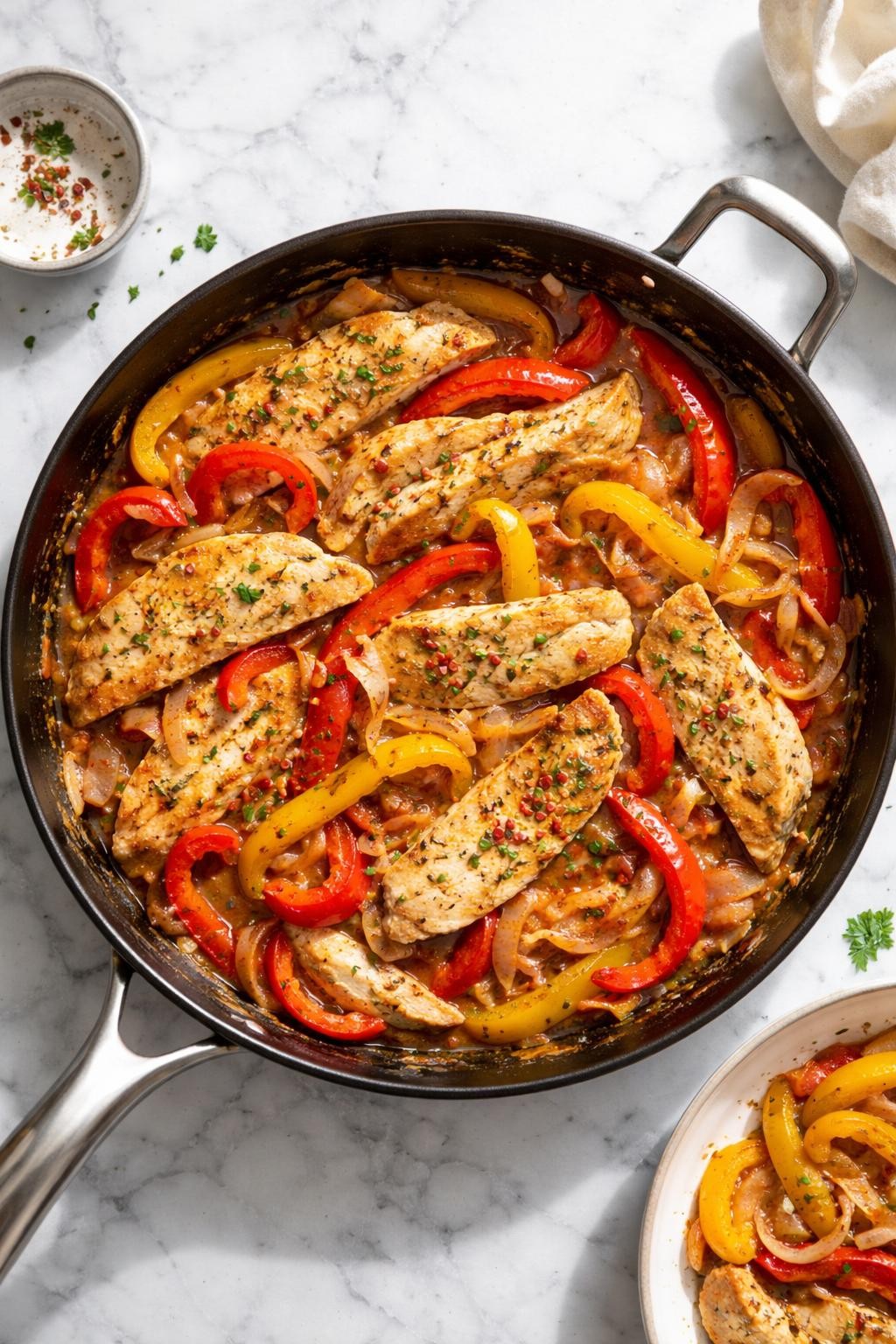 Image Prompt: Top-down realistic editorial food photography of Italian chicken and peppers on a clean white and gray marble countertop, sliced chicken cooked with red and yellow bell peppers, onions, garlic, and herbs in a skillet, warm simple homemade dinner mood, bright natural window light, soft shadows, clean composition, high detail, no people, no hands, no text, no watermarks, no props with writing.