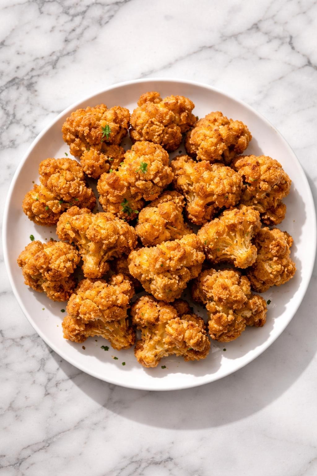 Image Prompt: Top-down realistic editorial food photography of crispy vegan Southern fried cauliflower on a white plate over a clean white and gray marble countertop, golden battered cauliflower florets with a crunchy coating, warm natural daylight, classic soul food comfort mood, clean composition, high detail, no people, no hands, no text, no watermarks, no props with writing.