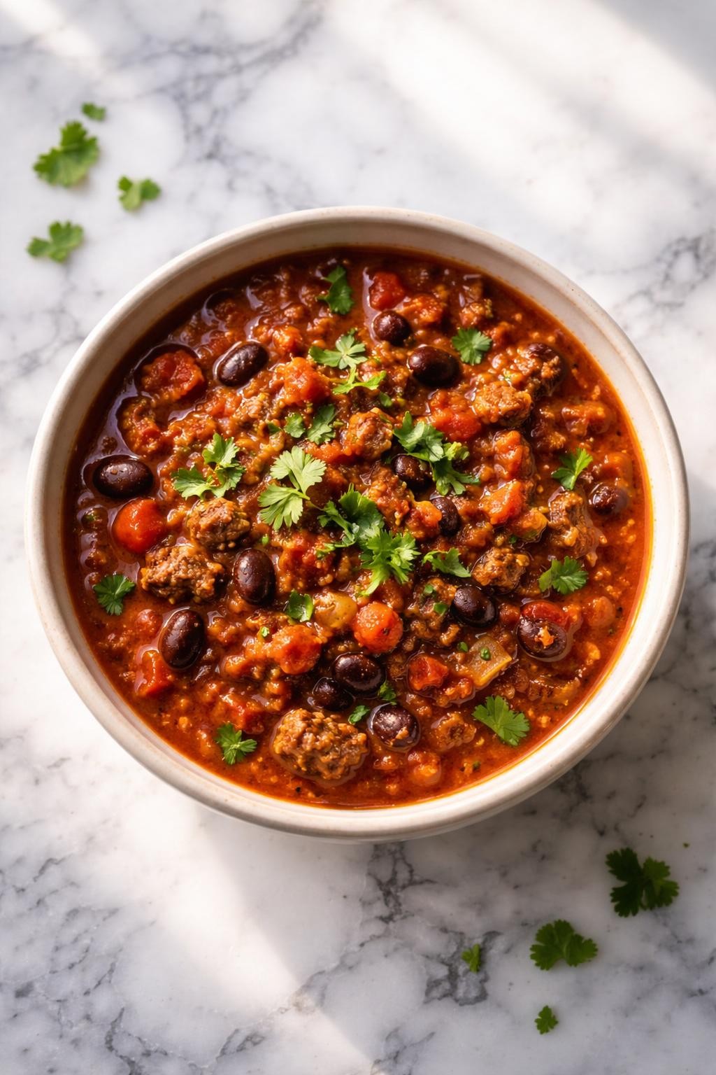 Image Prompt: Realistic top-down editorial food photography of high protein Mexican beef chili in a simple bowl on a clean white and gray marble countertop, thick chili made with lean ground beef, black beans, tomatoes, onions, and spices, topped with cilantro, warm natural daylight, hearty homemade comfort food mood, no people, no hands, no text, no watermarks, no props with writing.