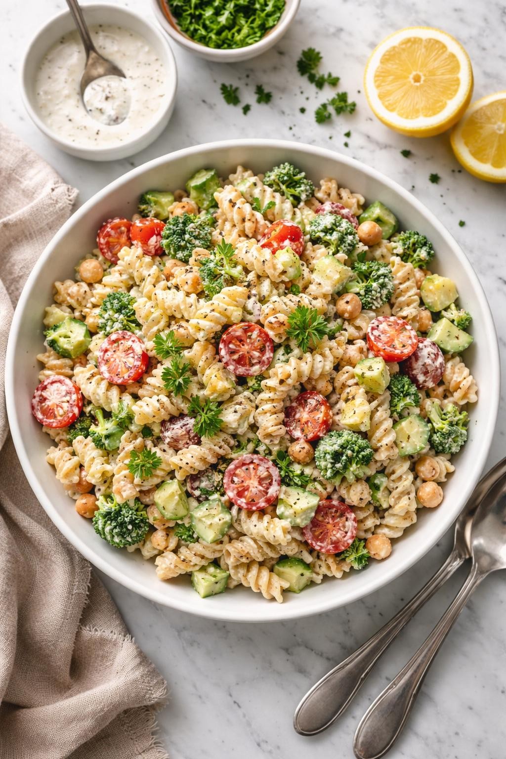 An overheard picture view of a plate of Creamy Vegan Ranch Pasta Salad sitting on a marble countertop table in the kitchen, professional food photography style.