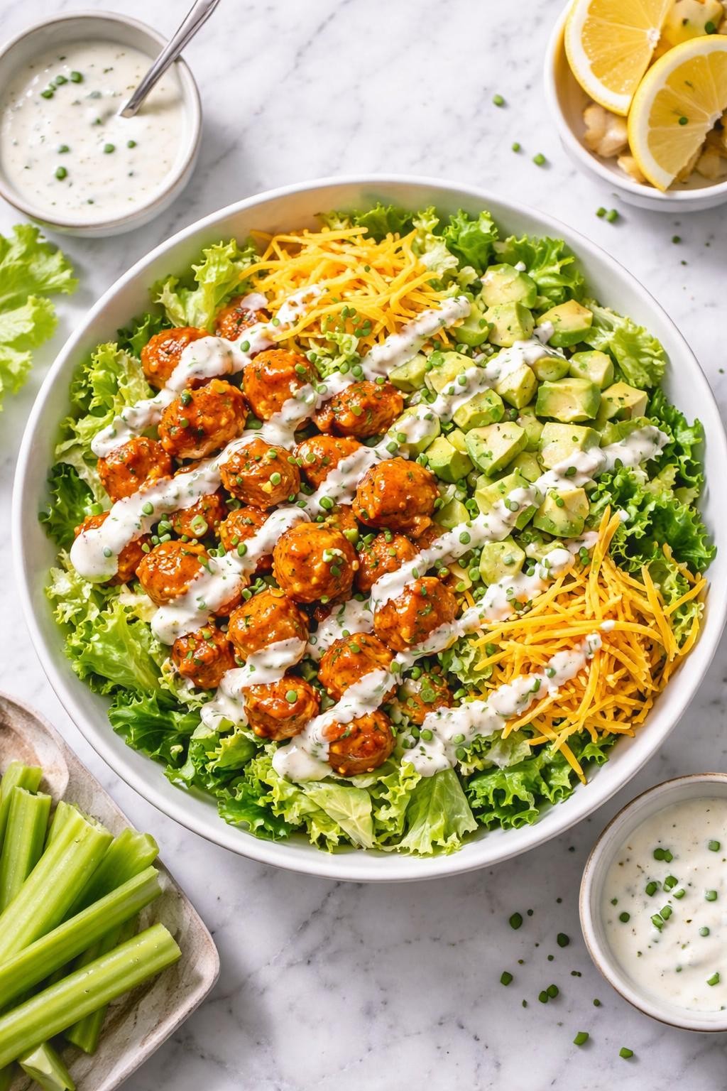 Image Prompt: Realistic top-down editorial food photography of a keto Buffalo chicken salad on a white marble countertop, with chopped lettuce, spicy buffalo chicken pieces, celery, shredded cheddar, avocado, and ranch drizzle, bold hearty homemade lunch styling, bright natural daylight, soft shadows, clean editorial composition, high detail, realistic texture, no people, no hands, no text, no watermarks, no props with writing.
