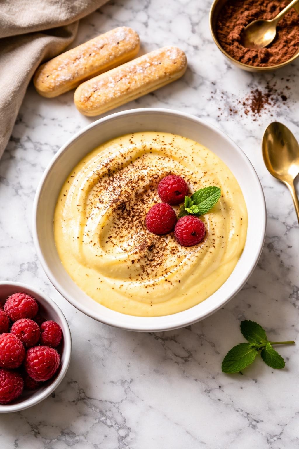An overheard picture view of a plate of Zabaglione sitting on a marble countertop table in the kitchen, professional food photography style.