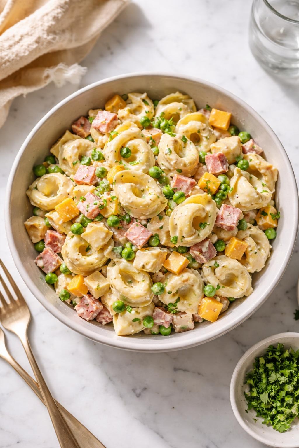Image Prompt: Realistic top-down editorial food photography of tortellini pasta salad with diced ham in a simple bowl on a clean white marble countertop, cheese tortellini mixed with ham, peas, cheddar cubes, and creamy dressing, cozy homemade lunch styling, bright natural window lighting, soft shadows, no people, no hands, no text, no watermarks, no props with writing.